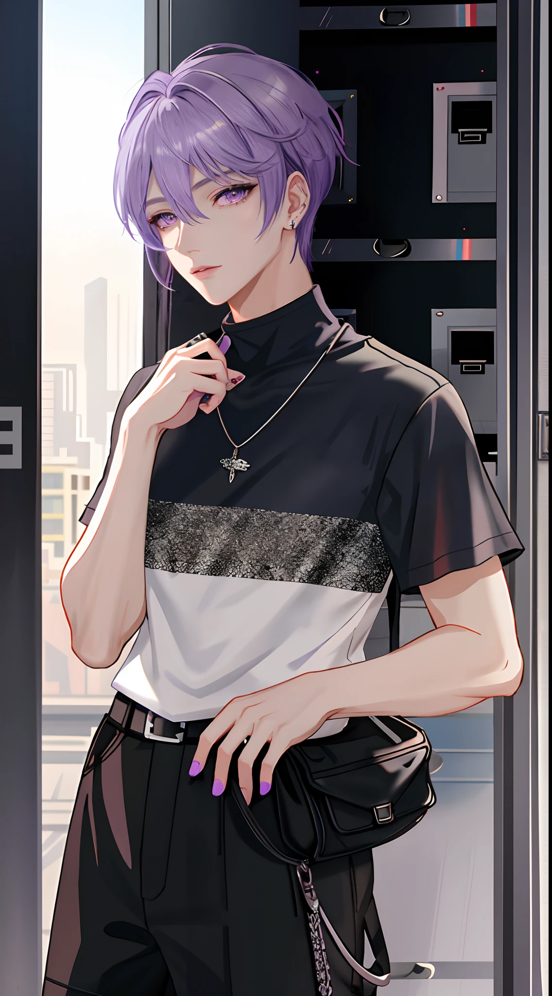 Englandtown, Professional Photos, Photographed so that the whole body can be seen, Fedoman with necklace, inspired by Sim Sa-jeong, androgynous vampire, :9 detailed face: 8, extra detailed face, detailed punk hair, ((Gray)) baggy eyes, Seductive. Highly detailed, semi realistic anime, Vampires, hyperrealistic teen, delicate androgynous prince, imvu, Bright purple hair, Gray eyes, Cool Korean fashion in black short sleeve t-shirt, Hiding both eyes with bangs, I can't see both eyes with bangs, Long bangs, short hair above the ears, Glaring expression, Wild look, looking distantly, high-level image quality, masterpiece,