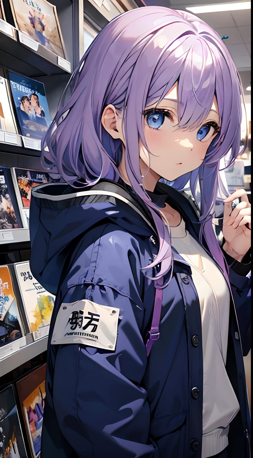 blue eyess、Light purple hair、Medium Hair、独奏、(top-quality、masterpiece)、CD Shop、parka、((独奏))、waved hair