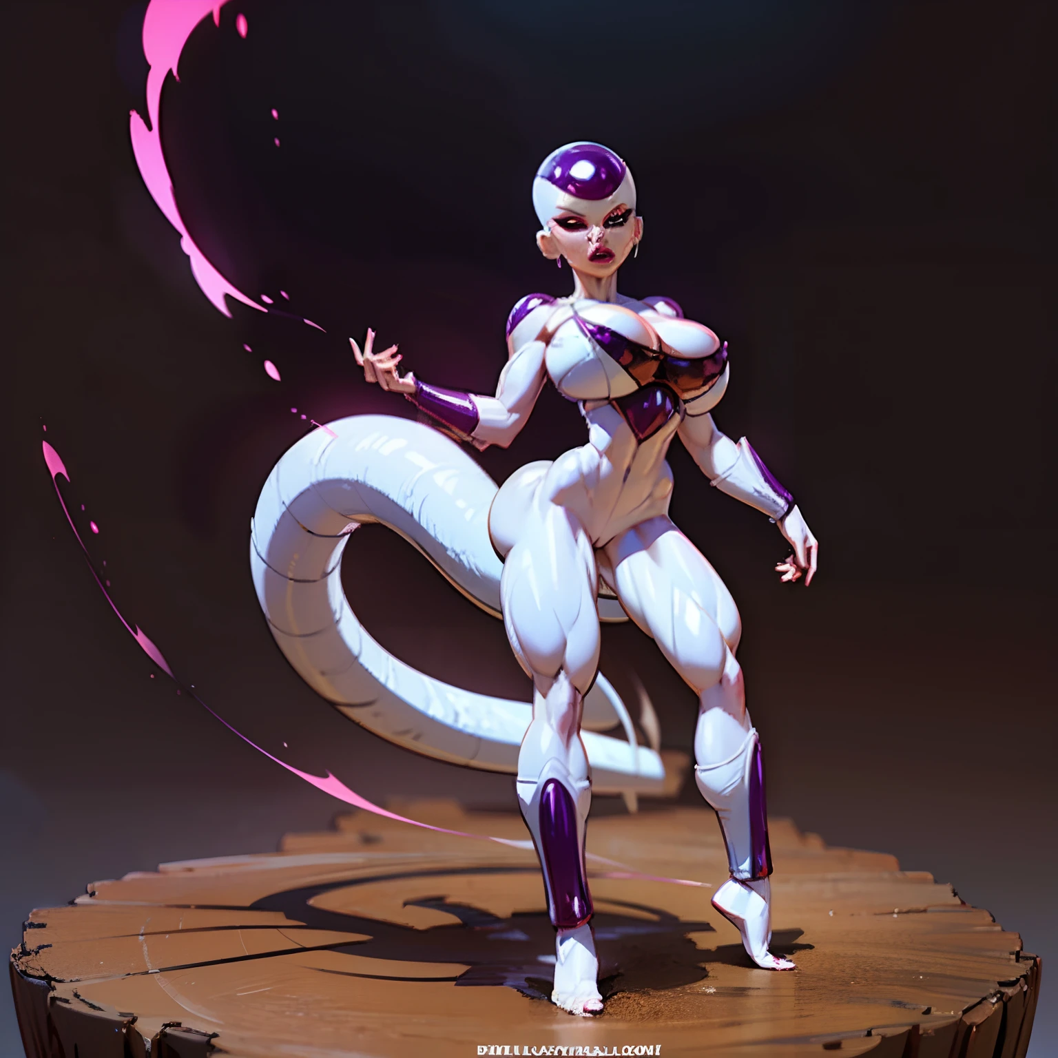 ((Frieza)), Female, woman version, Transformed into final form、dragonball z, (gigantic breasts:1.4)、battleing、Fighting、action、Beautiful expression、serious faces、Looking down、tail、red eyes、Bruised body、Perfect body、Toned body、full body Esbian、fıt body、abdominals、musculature,white legs, white torso, white arms