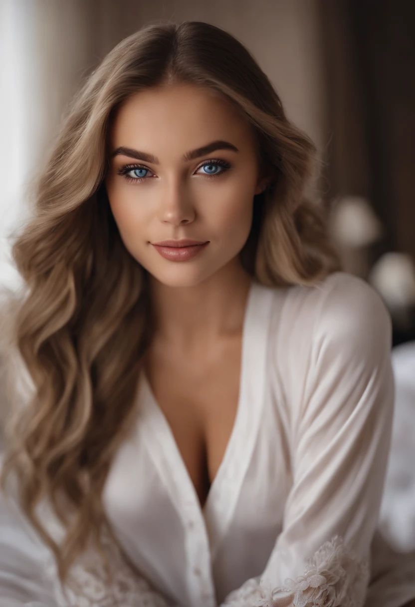 arafed woman fully , sexy girl with blue eyes, ultra realistic, meticulously detailed, portrait sophie mudd, blonde hair and large eyes, selfie of a young woman, bedroom eyes, violet myers, without makeup, natural makeup, looking directly at the camera, face with artgram, subtle makeup, stunning full body shot kneeling on bed, in bedroom, medium to large size bust, brown eyes, smiling, picture near a bugatti chiron