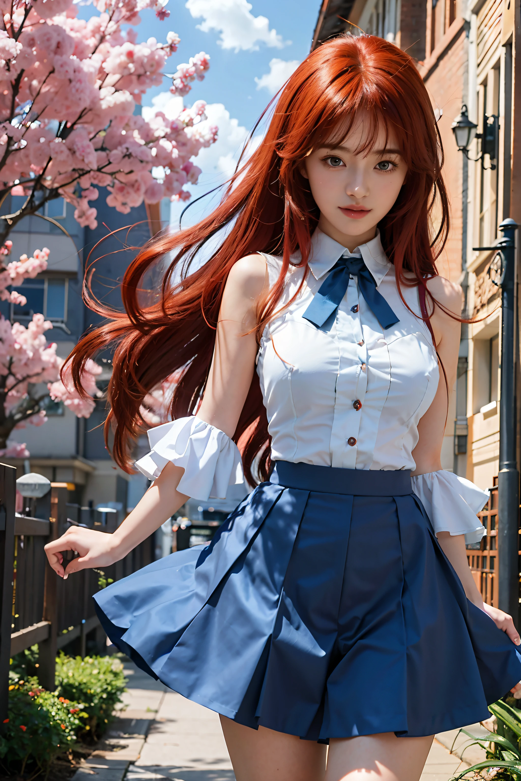 anime girl with red hair and blue skirt walking down a sidewalk, beautiful anime girl, beautiful anime high school girl, ”beautiful anime woman, anime girl with long hair, marin kitagawa fanart, beautiful anime woman, rias gremory, erza scarlet as a real person, cute anime waifu in a nice dress, attractive anime girl, pretty anime girl