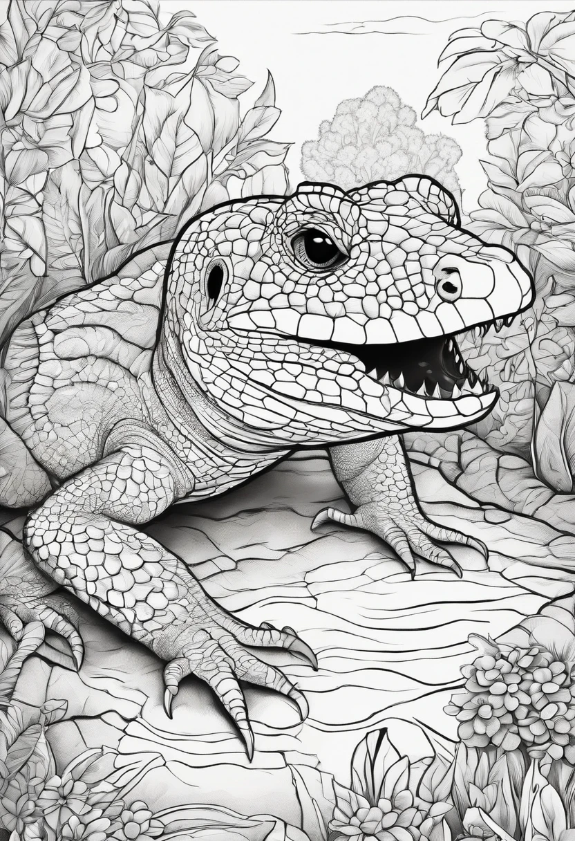 Generate black and white coloring pages of cute cartoon-style reptiles with low detail, no shading, no shadows, no background, and no borders.