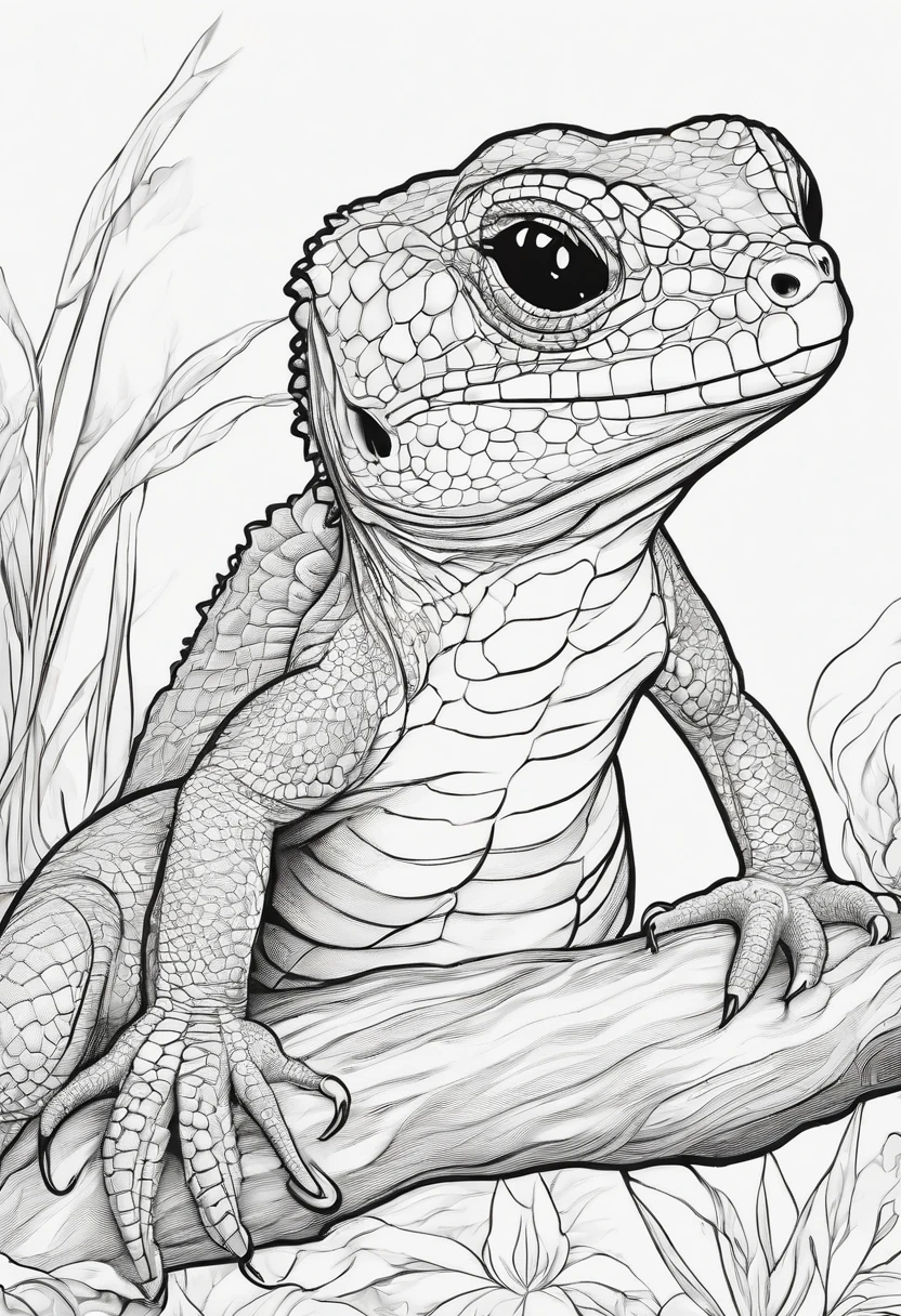 Generate black and white coloring pages of cute cartoon-style reptiles with low detail, no shading, no shadows, no background, and no borders.