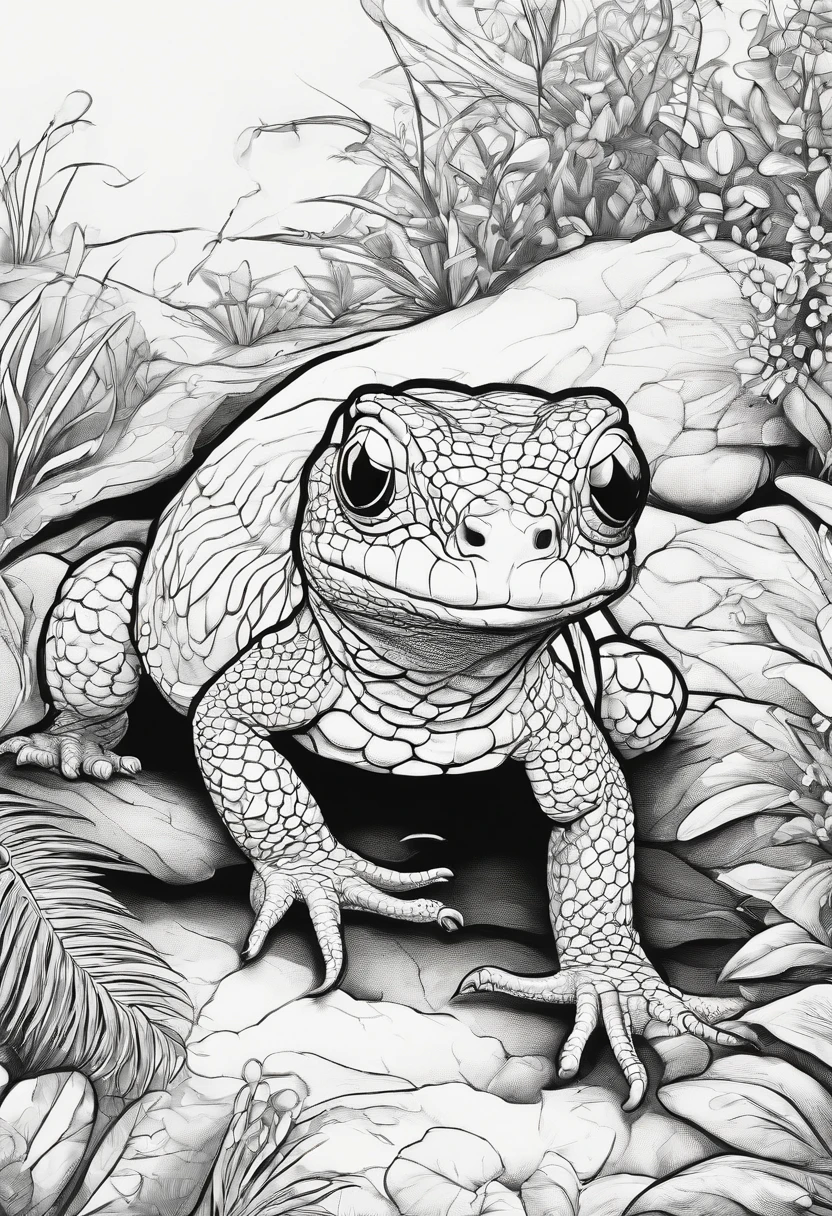 Generate black and white coloring pages of cute cartoon-style reptiles with low detail, no shading, no shadows, no background, and no borders.