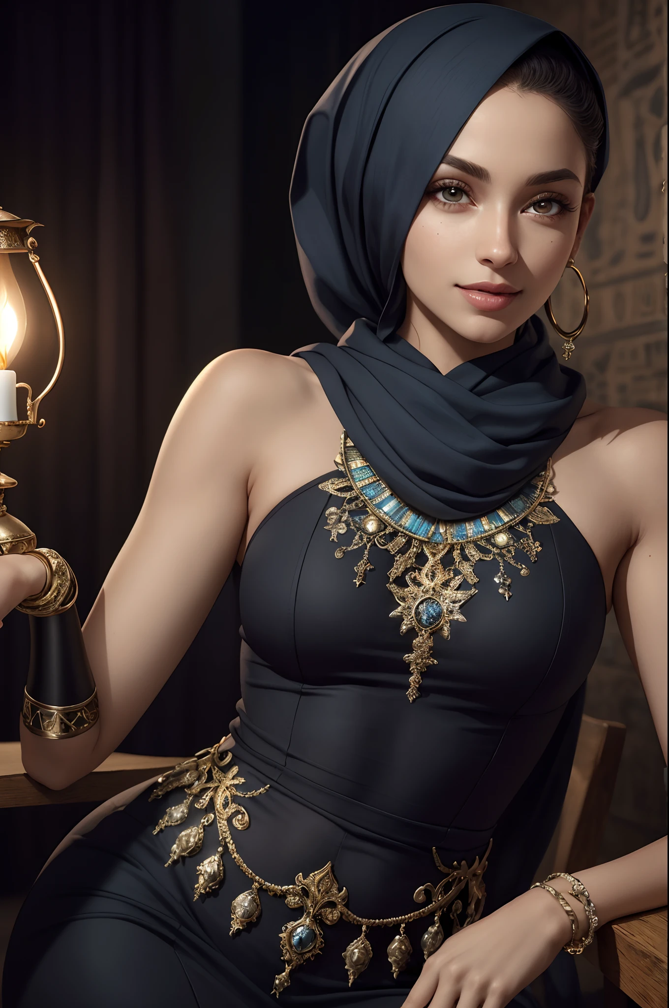 (ssee-through) masterful, Perfect straight hair at 23 years old, long toe-to-toe and loose, Silky skin (oil lamp), Perfect detailed face, Detailed and perfect eyes, Fleshy lips, Egyptian headscarf, Perfect body, jewelry & bangle (Realistic photos:Realistic photos, تحفة 8K), Wear it with a blue and white Egyptian dress, black colored fabric, ((The background is blurred out)), ((Hyperrealistic:realistic intricate details)), ssmile: Sensory characteristics, (The textures and environments are very detailed, pure perfect lighting), sfv