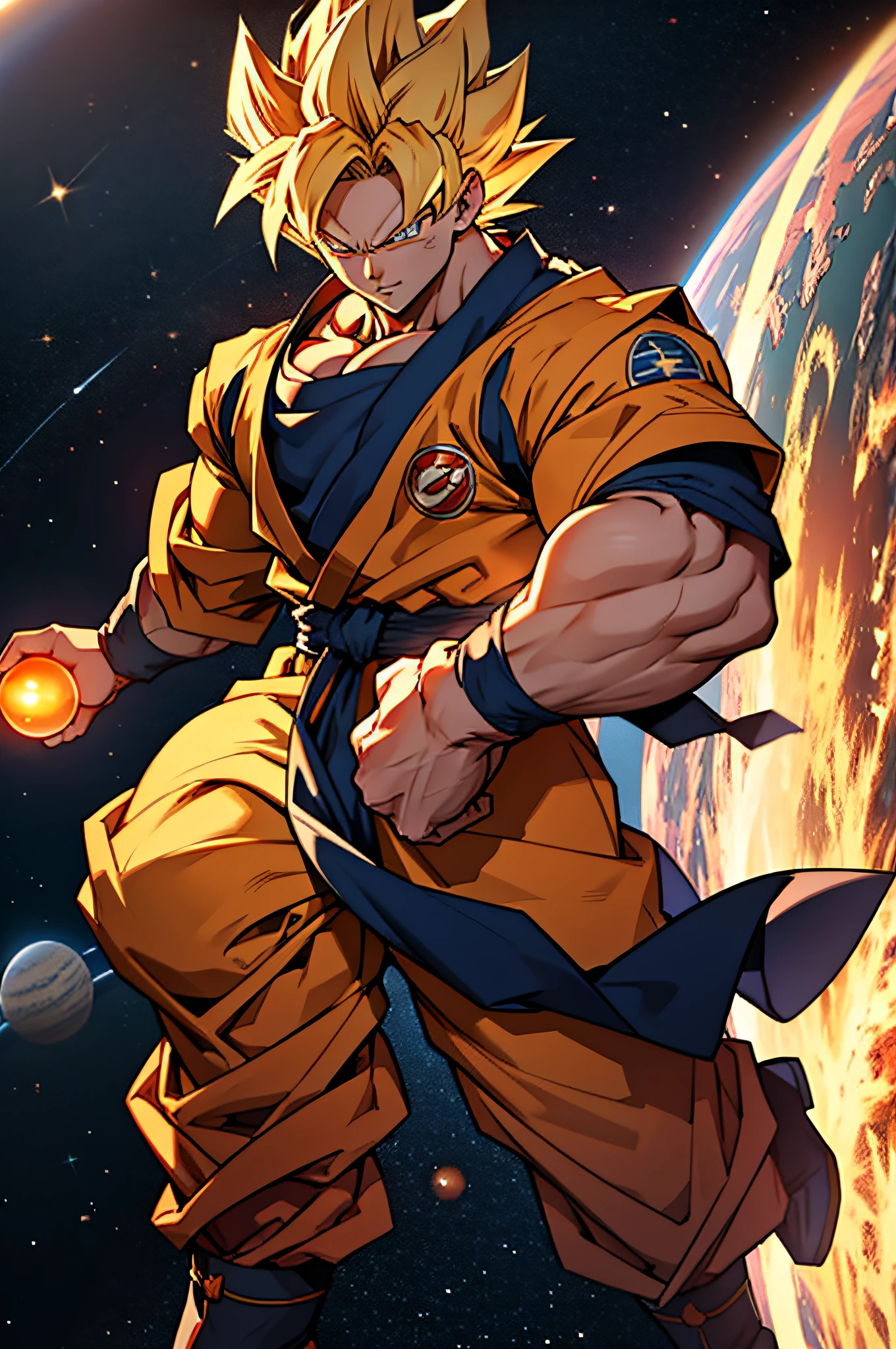 super saiyan god goku holding energy spheres on both hands, in outer space