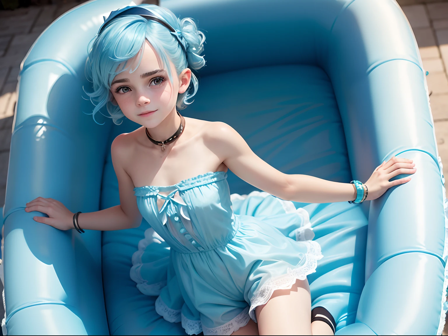 tween Emma Watson wearing a strapless light blue playsuit on a bouncy castle, small bust, small chest, cute smile, light blue hair accessories, light blue collar, light blue bracelet. light blue hair.