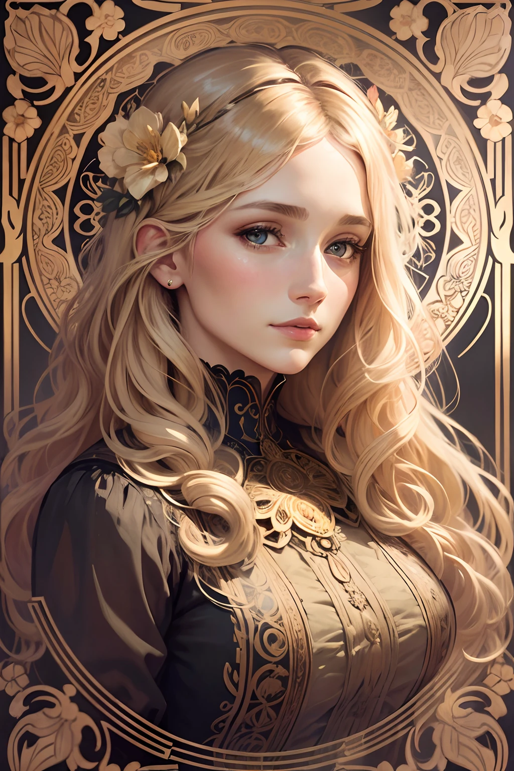 European woman's face portrait, long curly hair, blonde, flower frame, decorative panel, abstract art, by Alphonse Mucha (masterpiece, highest quality, high resolution: 1.4), detailed, intricate details, 4K, color splash, line art, Fibonacci, in underwear
