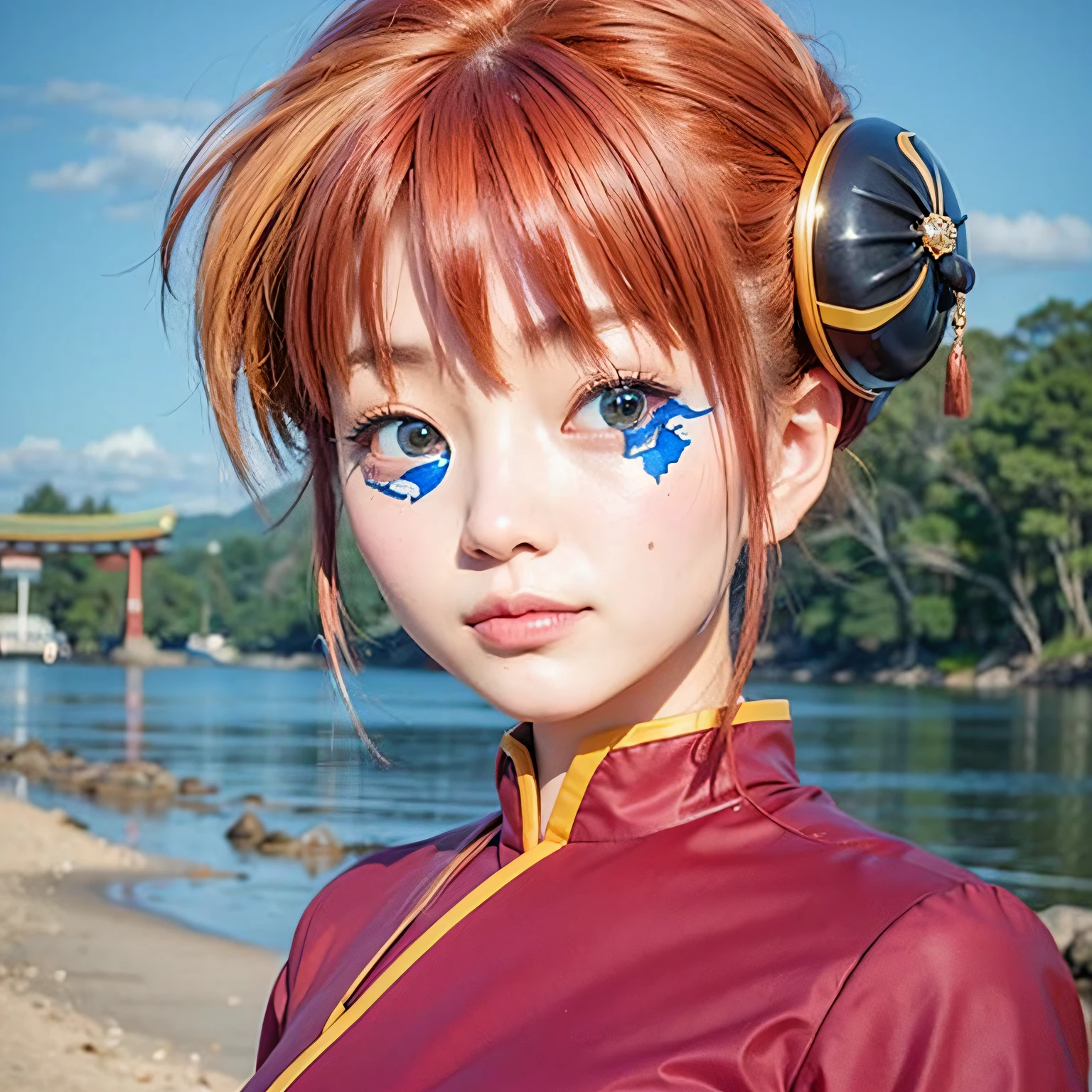 A Japanese asian woman with blue eyes and red hair, ultra realistic, high quality, detailed face, photo realistic