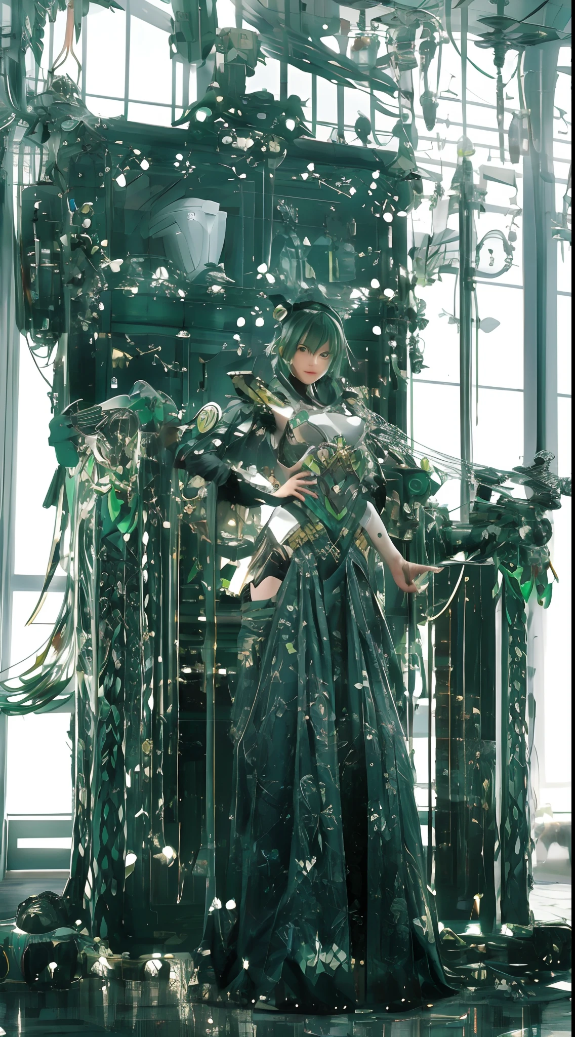 (A complex green-haired woman,Mecha joints and wing radiation, Quiet and dignified, Standing in the water), High-res, Ultra-detailed, Realistic, Vibrant colors, Bokeh, Studio lighting.