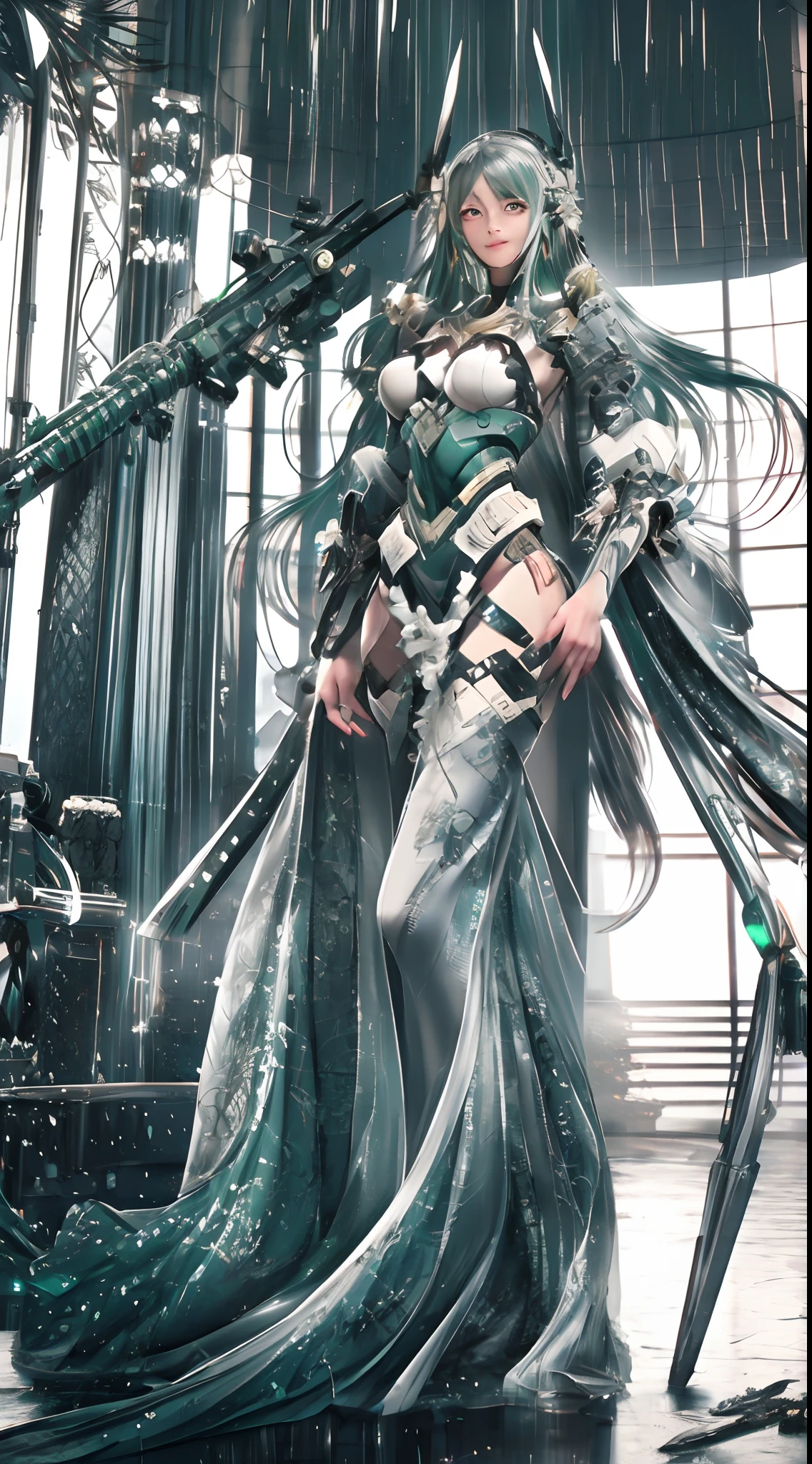 (A complex green-haired woman,Mecha joints and wing radiation, Quiet and dignified, Standing in the water), High-res, Ultra-detailed, Realistic, Vibrant colors, Bokeh, Studio lighting.