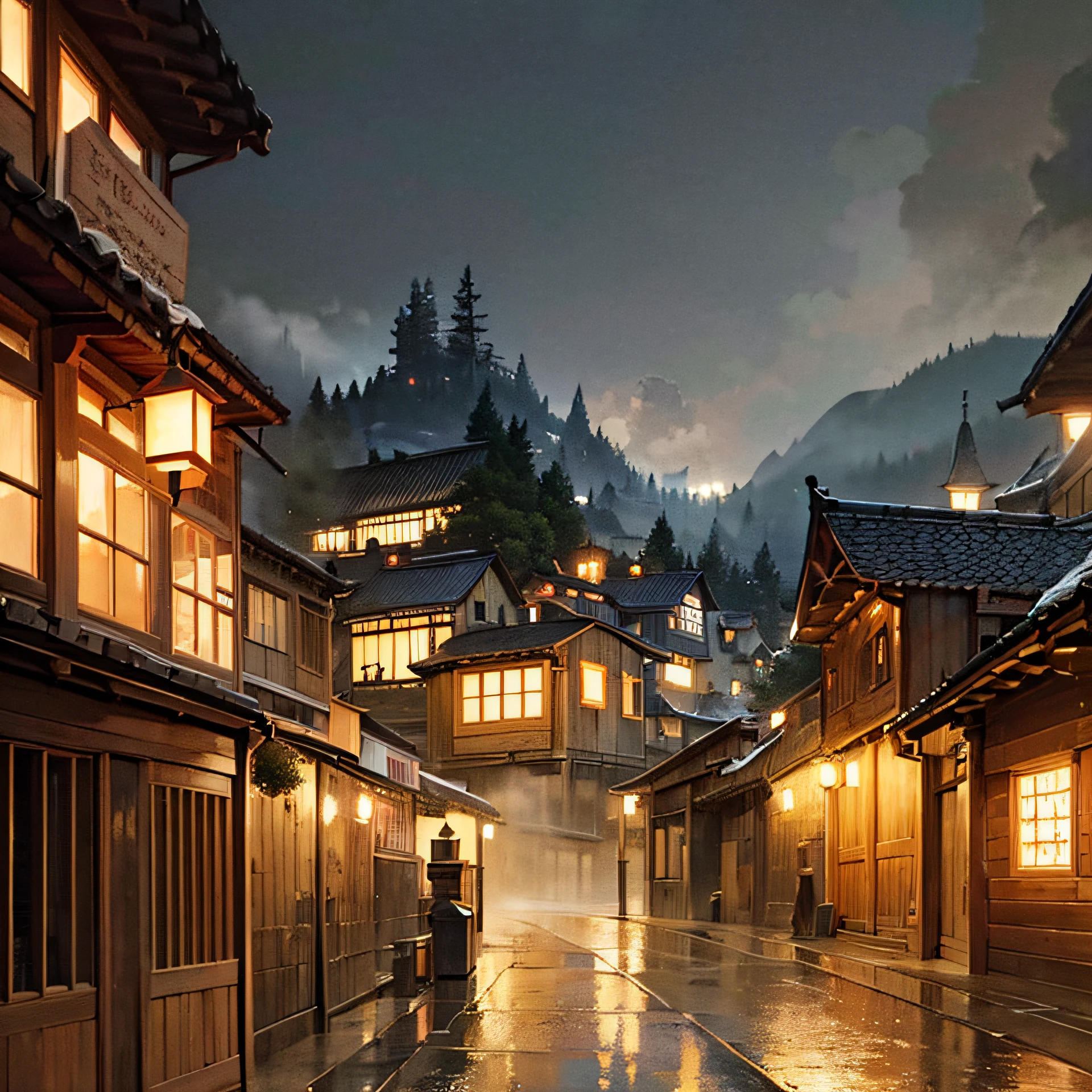 (best quality, masterpiece:1.2), extremely detailed, old village on the mountain, wooden houses, people walking on the streets, rain, fog, traditional lanterns, cozy atmosphere, warm color tones, soft lighting.