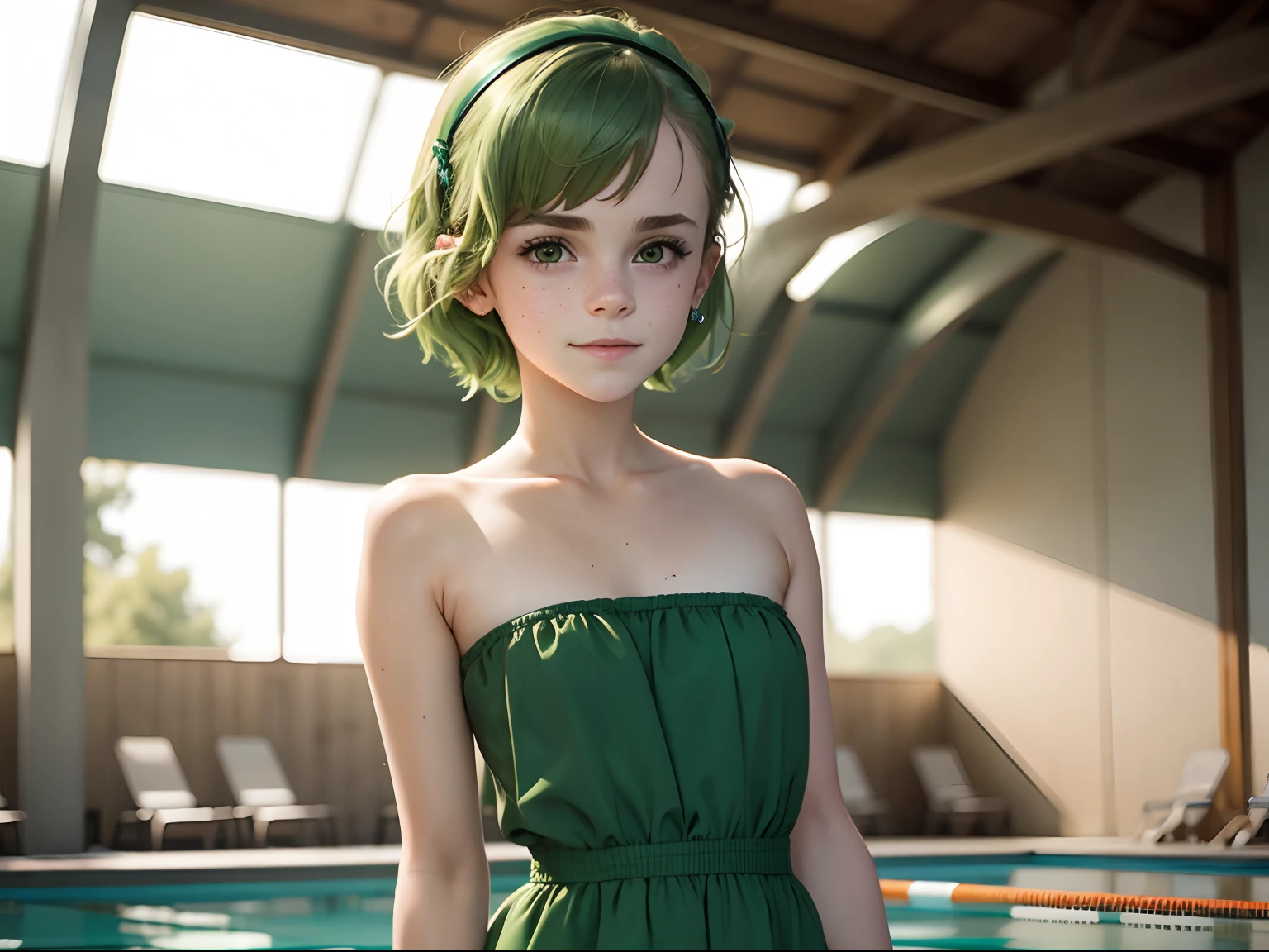 ten Emma Watson wearing a strapless green playsuit at a swimming pool, small bust, small chest, cute smile, green hair accessories, green collar, green bracelet. green hair.