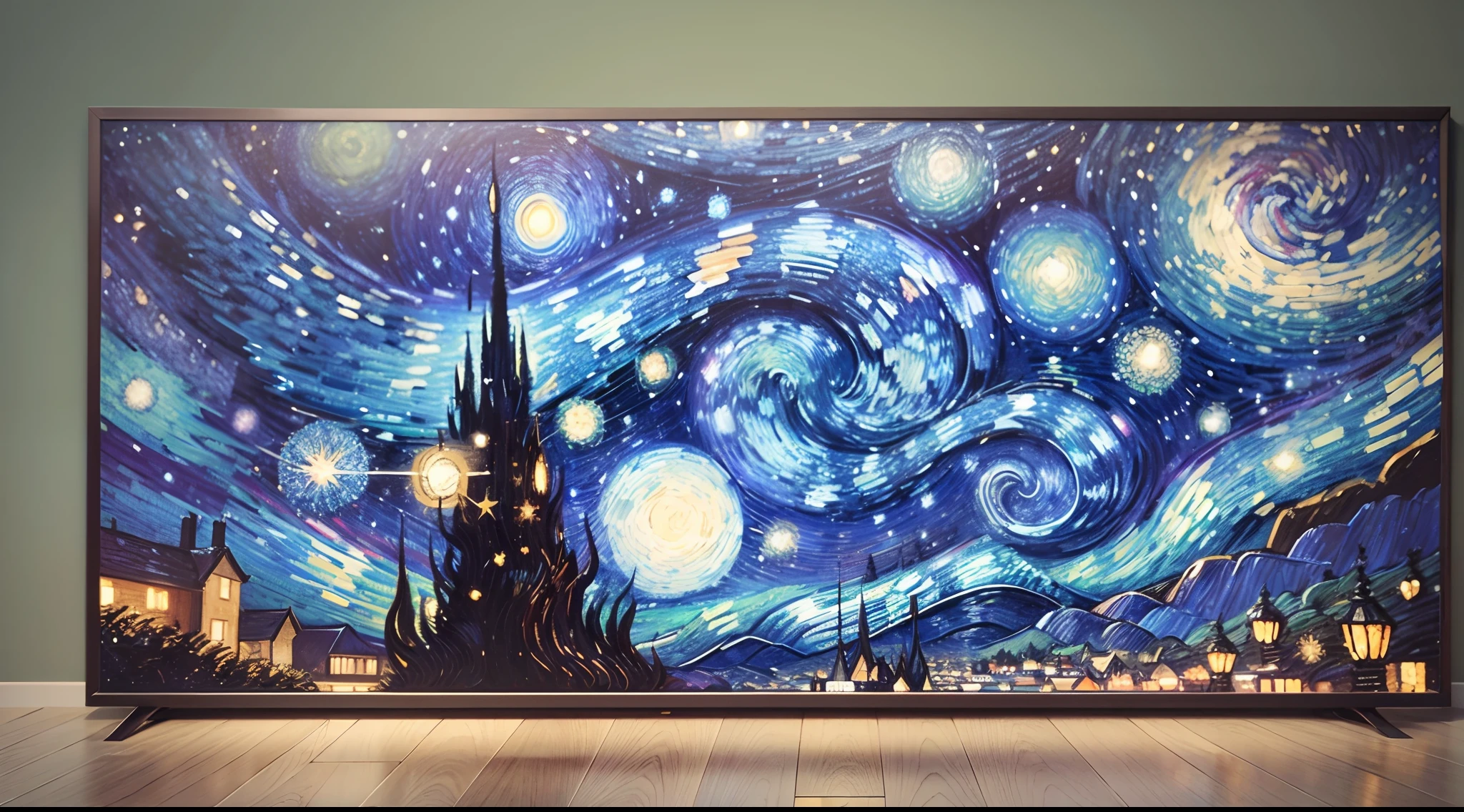 Ultra HD, High definition, 4K, Starry night, Van Gogh, Futuristic painting,Rainbow,城市