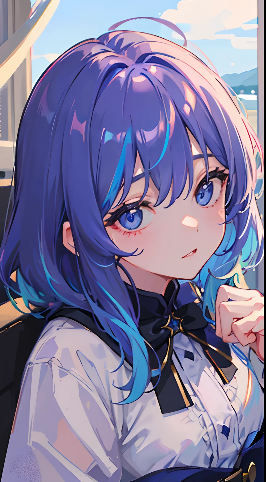 blue eyess、Light purple hair、Medium Hair、独奏、((top-quality、masterpiece))、(独奏)、waved hair、multicolored hair、Face up
