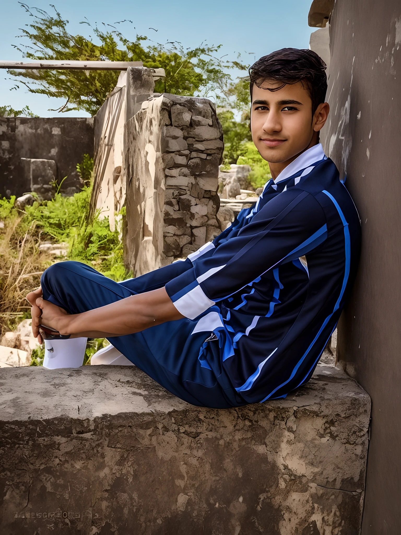 arafed boy sitting on a wall with his feet crossed, very very low quality picture, candid picture, very artistic pose, full body photogenic shot, very clear picture, stylish pose, with a cool pose, casual photography, attractive pose, cool pose, full body photgraph, with lovely look, very clear image, very cool pose, realistic boy, realistic, ultra realistic, cool look handsome, cool background,