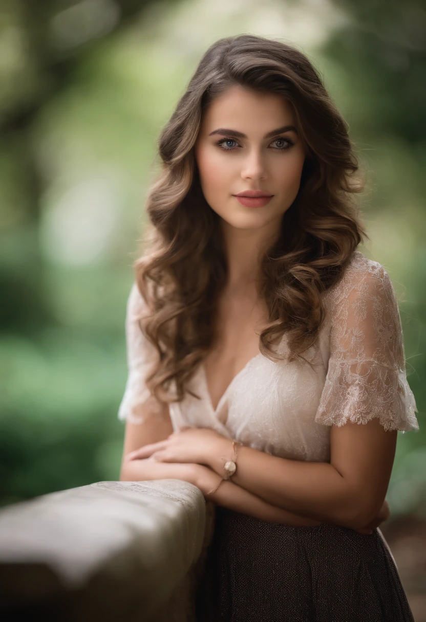 de 18 anos, cabelos ondulados castanhos claros, olhos verdes, Rosto detalhado, Detailed lips, Olhos detalhados, saia Rosa, e espartilho branco em renda