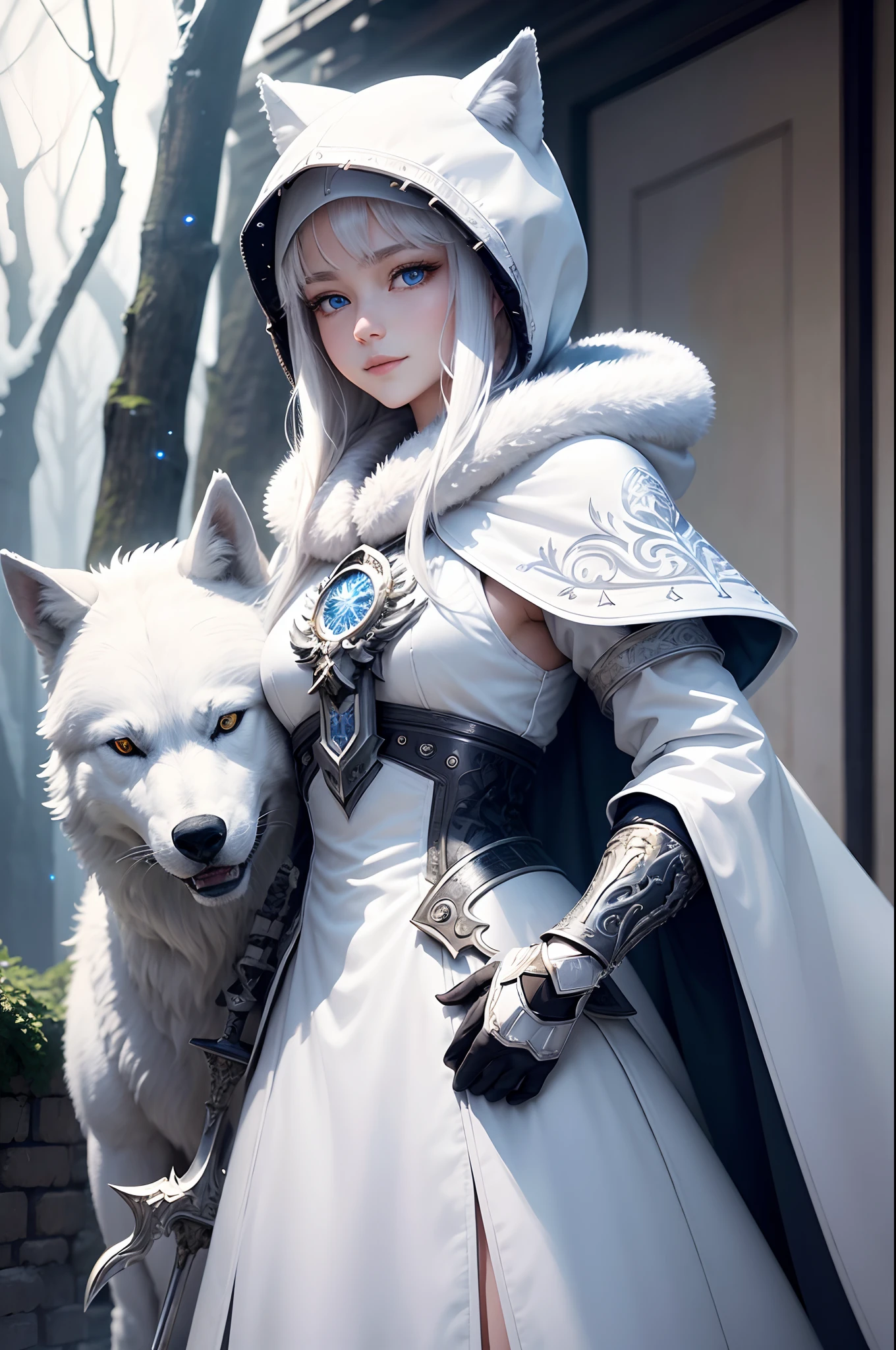 Bright and refreshing space、White is the key.、Smiling kindly、peaceful、Tiere、Not a person、unmanned、in woods、White Wolf、cyborgs、Metal Wolf、Have a beautiful sword、Shining blue eyes、1bolt、(intricate-detail)、nffsw、(intricate-detail、ultra-detailliert:1.2)、Cinematic shots、vignettes、central,、top grade、Eyes are clear、The sword shines、wearing a fur coat、Wearing a fur hood、The air is clean、A sparkling space、optic