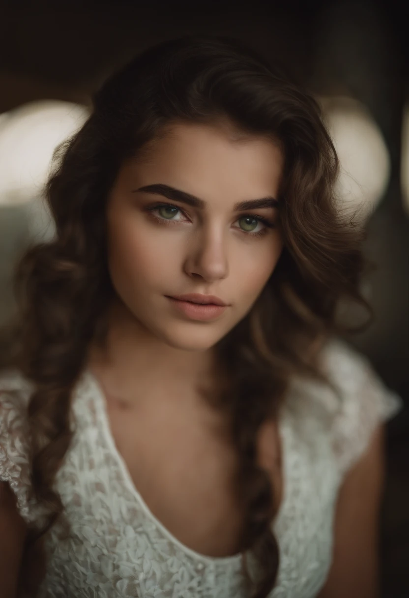 Menina de 18 anos, cabelos ondulados castanhos claros, olhos verdes, Rosto detalhado, Detailed lips, Olhos detalhados, saia cor de Rosa, e espartilho branco