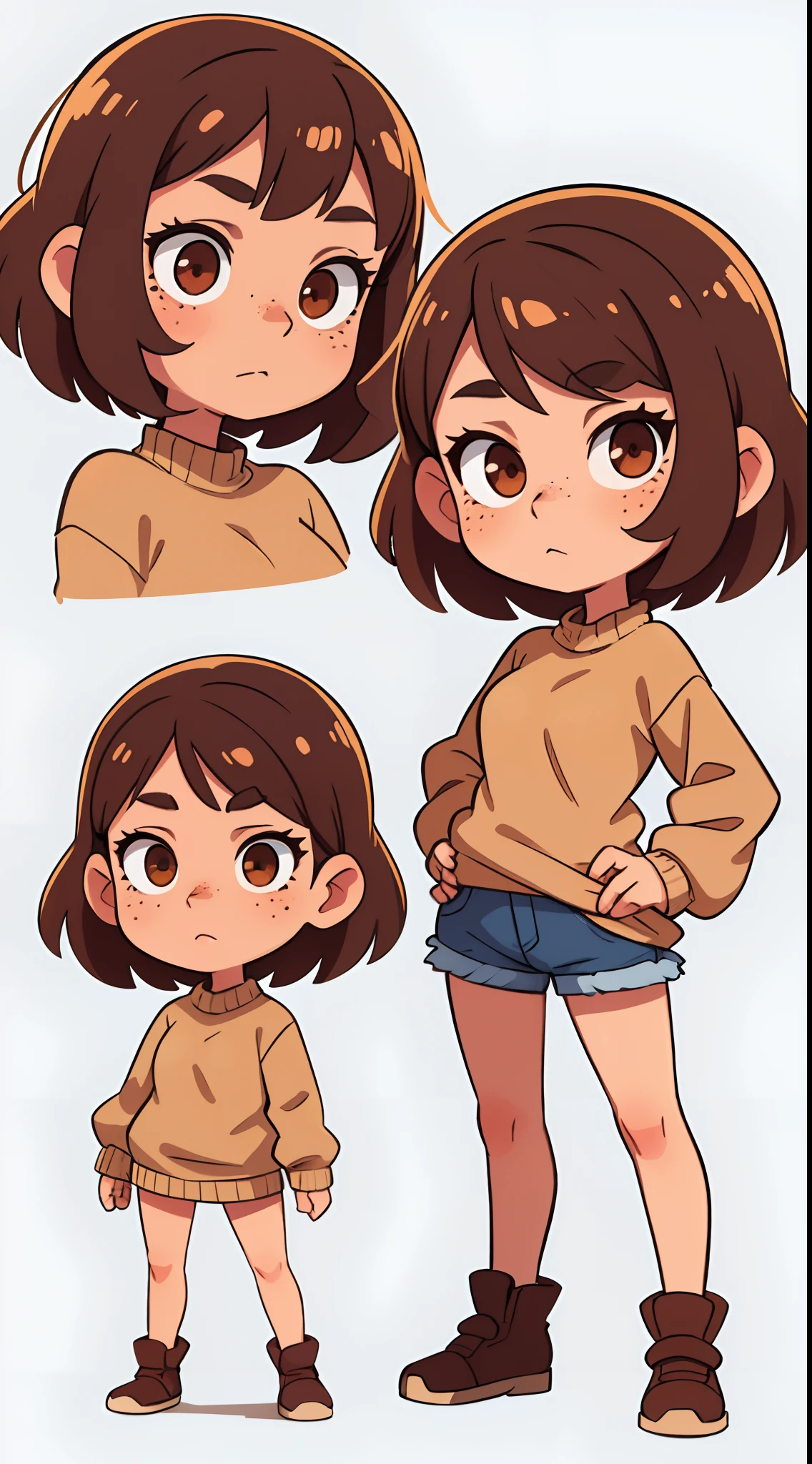 A girl, with brown short hair, The eyes are brown, freckles on her face, in an oversized sweater, standing pose, character sheet, different angles