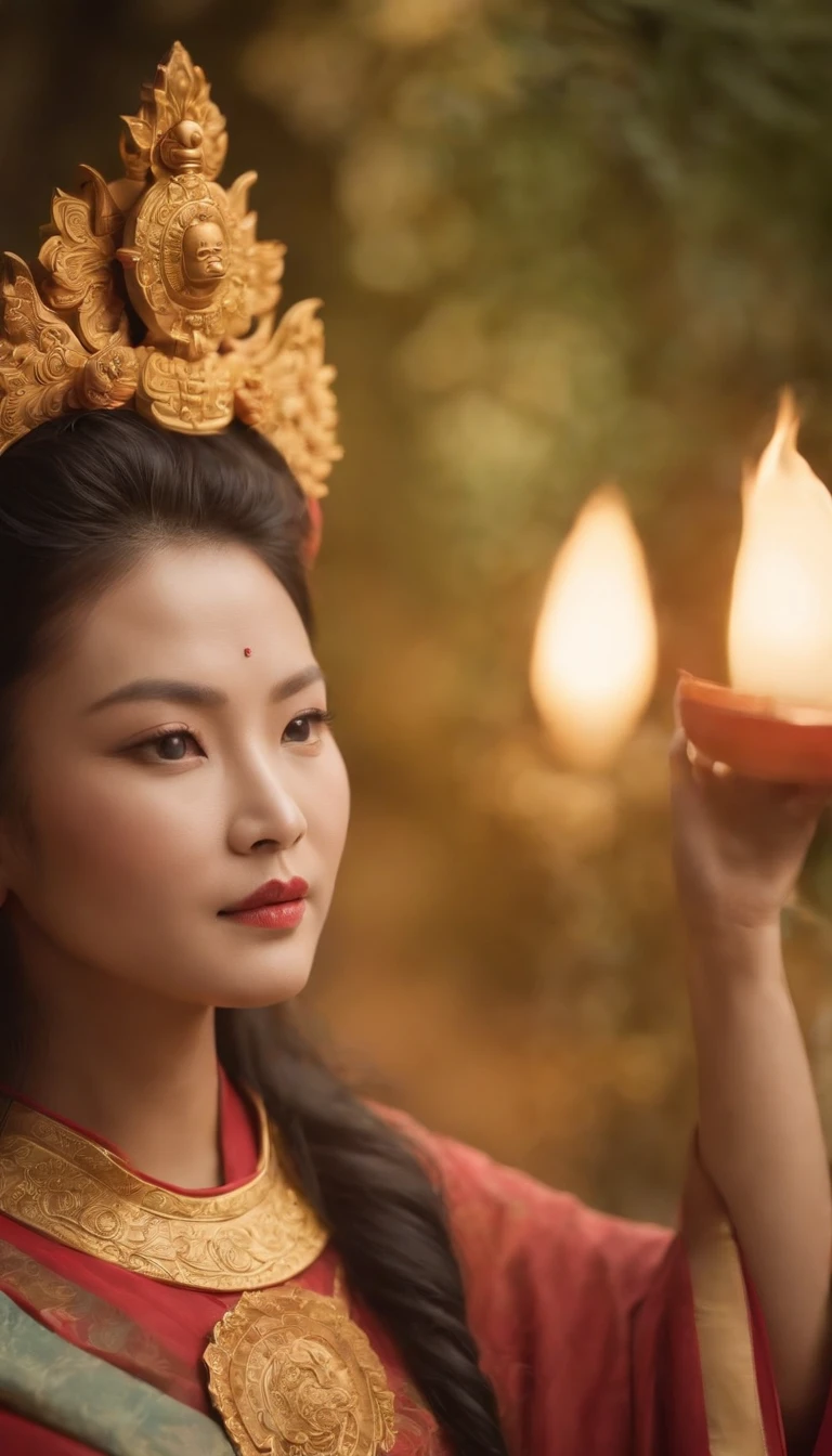 1. Themed on ancient Chinese mythology，Draw a full-body portrait of Guanyin Bodhisattva。 2. Create a magical and fantastic background，Let the warm light radiate around Avalokiteshvara。 3. Use glowing colors and Buddha light effects，Highlight the divinity and solemnity of Guanyin Bodhisattva。