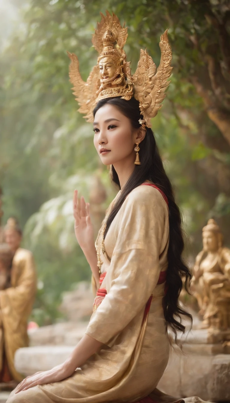 1. Themed on ancient Chinese mythology，Draw a full-body portrait of Guanyin Bodhisattva。 2. Create a magical and fantastic background，Let the warm light radiate around Avalokiteshvara。 3. Use glowing colors and Buddha light effects，Highlight the divinity and solemnity of Guanyin Bodhisattva。