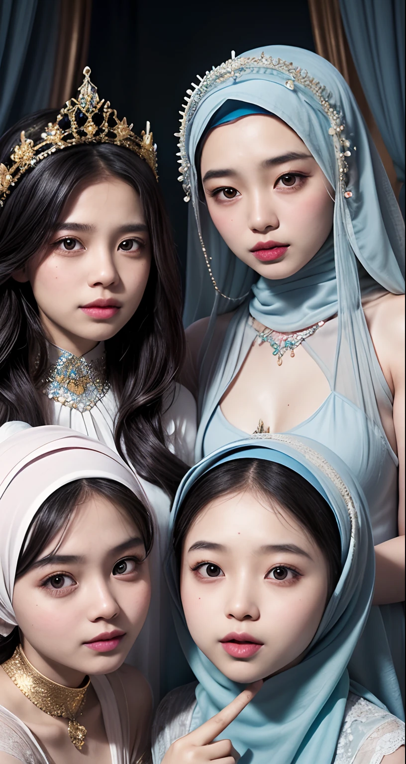 Design a dreamlike and enchanting portrait where three Malay girls in hijab embody the charm and grace of fairy tale princesses celebrating birthday, surrounded by a magical castle and whimsical creatures