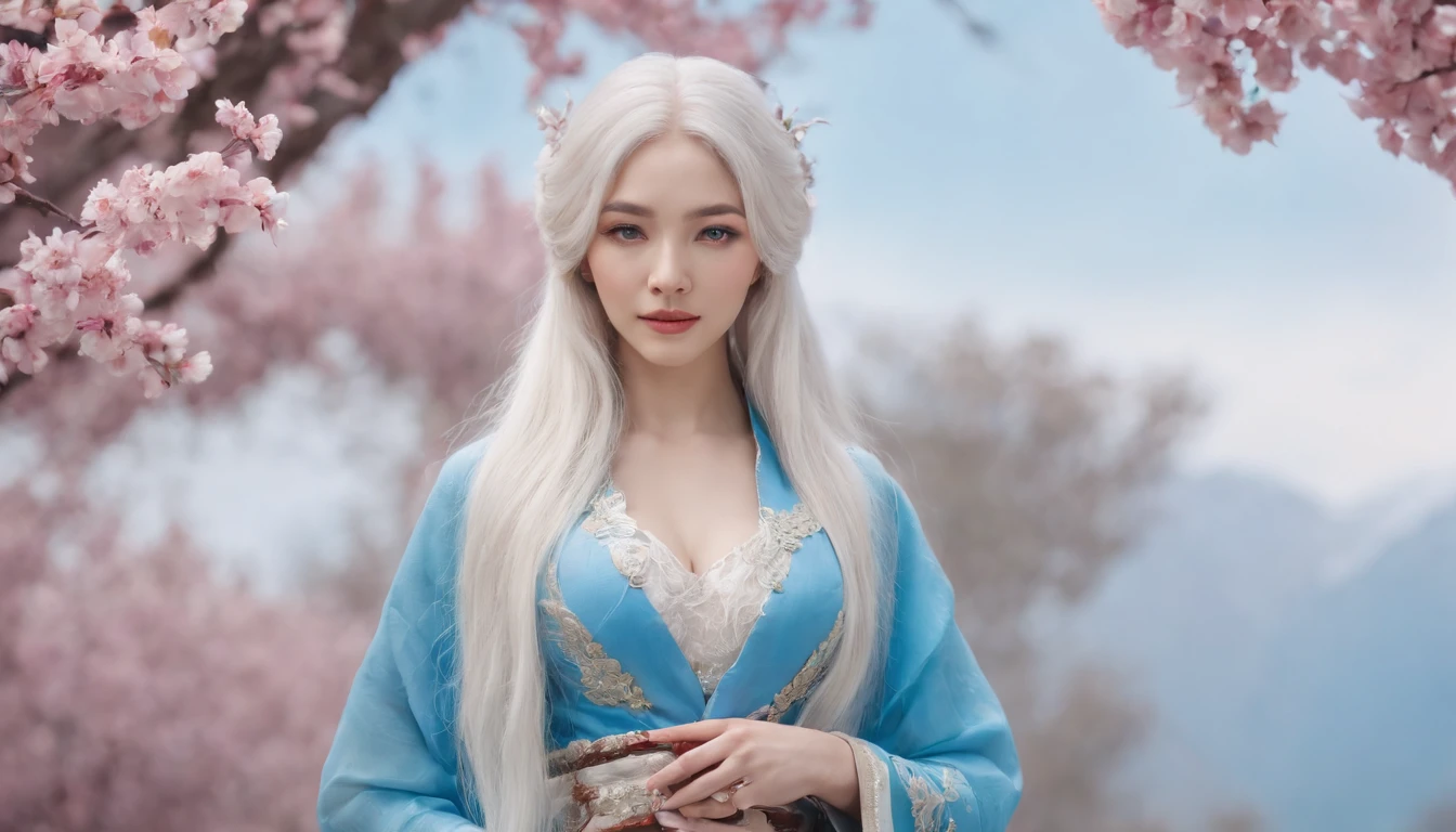 One bewitching woman，fox tails，fox ear，long  white hair，blue color eyes，By bangs，Wide hips，Bigchest，xianxia fantasy，peach blossom，Background with，Blue Flame，a white long skirt，Seductive face