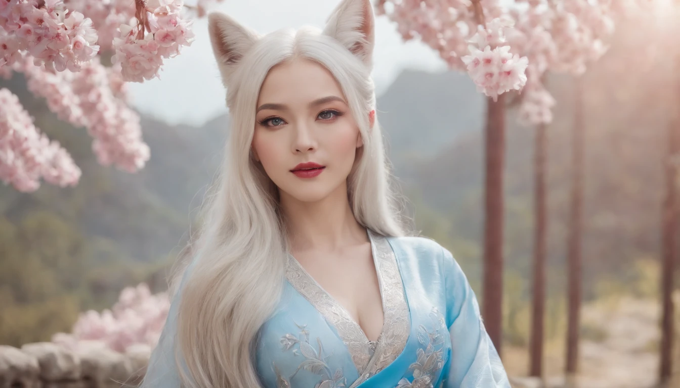 One bewitching woman,fox tails,fox ear,long white hair,blue color eyes,By bangs,Wide hips,Bigchest,xianxia fantasy,peach blossom,Background with,Blue Flame,a white long skirt,Seductive face