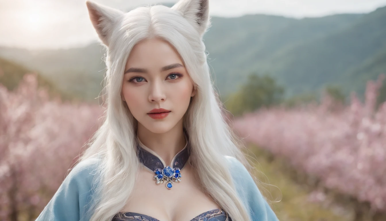 One bewitching woman,fox tails,fox ear,long white hair,blue color eyes,By bangs,Wide hips,Bigchest,xianxia fantasy,peach blossom,Background with,Blue Flame,a white long skirt,Seductive face
