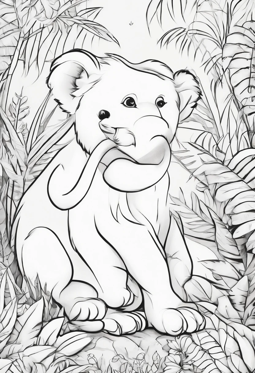 Generate black and white coloring pages of cute cartoon-style jungle animals with low detail, no shading, no shadows, no background, and no borders.