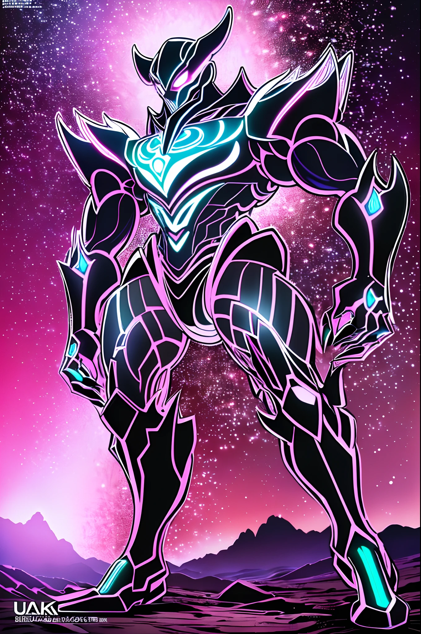 A weird, bizarre sentai monster standing solo in an otherworldly landscape. Medium: detailed and vibrant digital illustrations, resembling concept art. Additional details include intricate and unique armor design, glowing eyes, sharp claws, and a menacing presence. The image quality should be (best quality, 4k, 8k, highres, masterpiece:1.2), ultra-detailed, and (realistic, photorealistic, photo-realistic:1.37) with vivid colors. The art style should have a sci-fi element with a touch of dark and surreal aesthetics. The color tone should lean towards the colder side, with a mix of neon lights and eerie shadows. Light should be focused on highlighting the monster's menacing appearance while simultaneously creating an otherworldly atmosphere in the background.