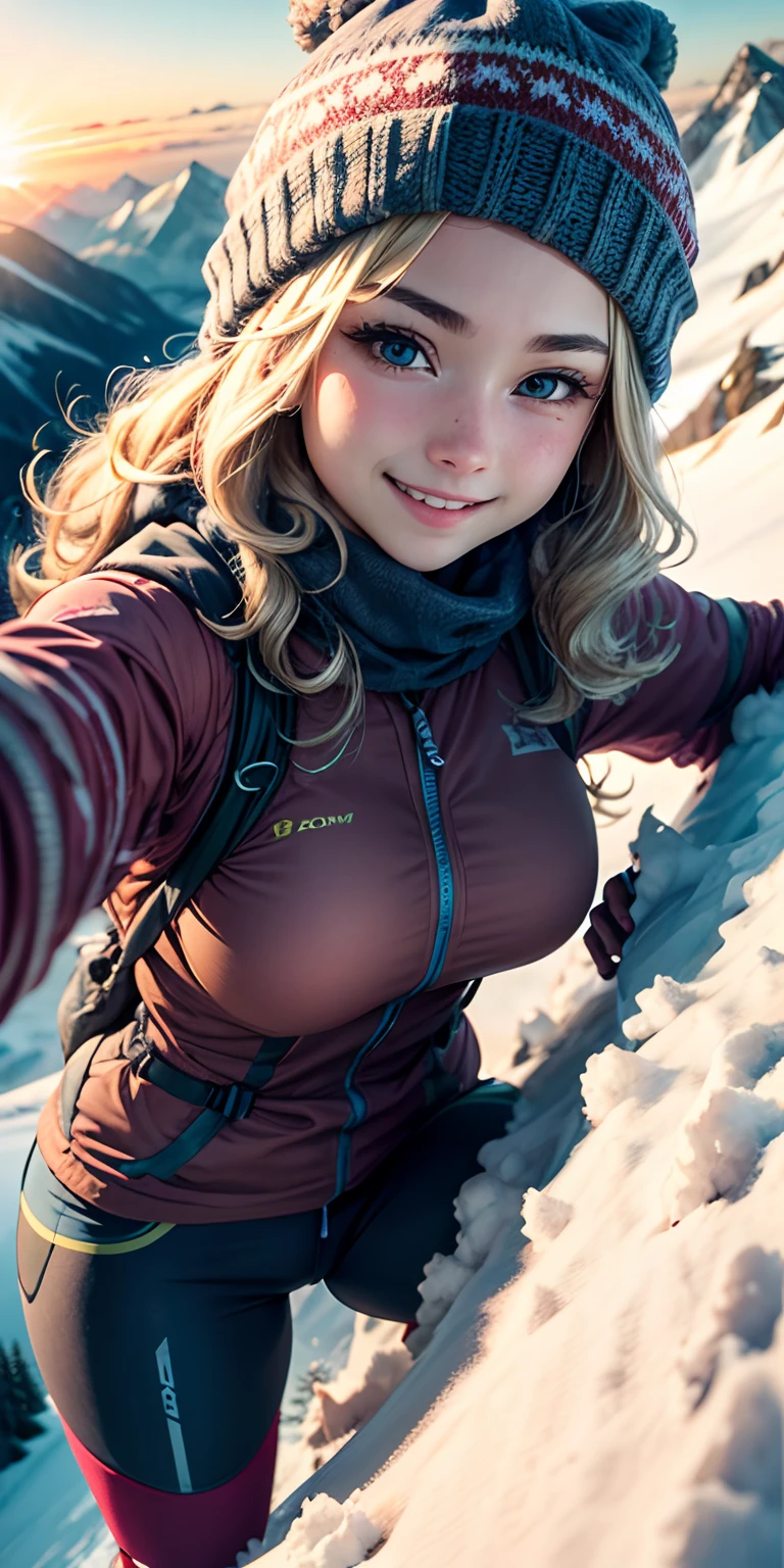 realisticlying、19 year old girl、Face to face with authentic outdoor mountaineering clothing、、Chest large blonde long wavy hair、Wearing a knitted hat、Big sexy pose、Face smile、Snow-capped climbing