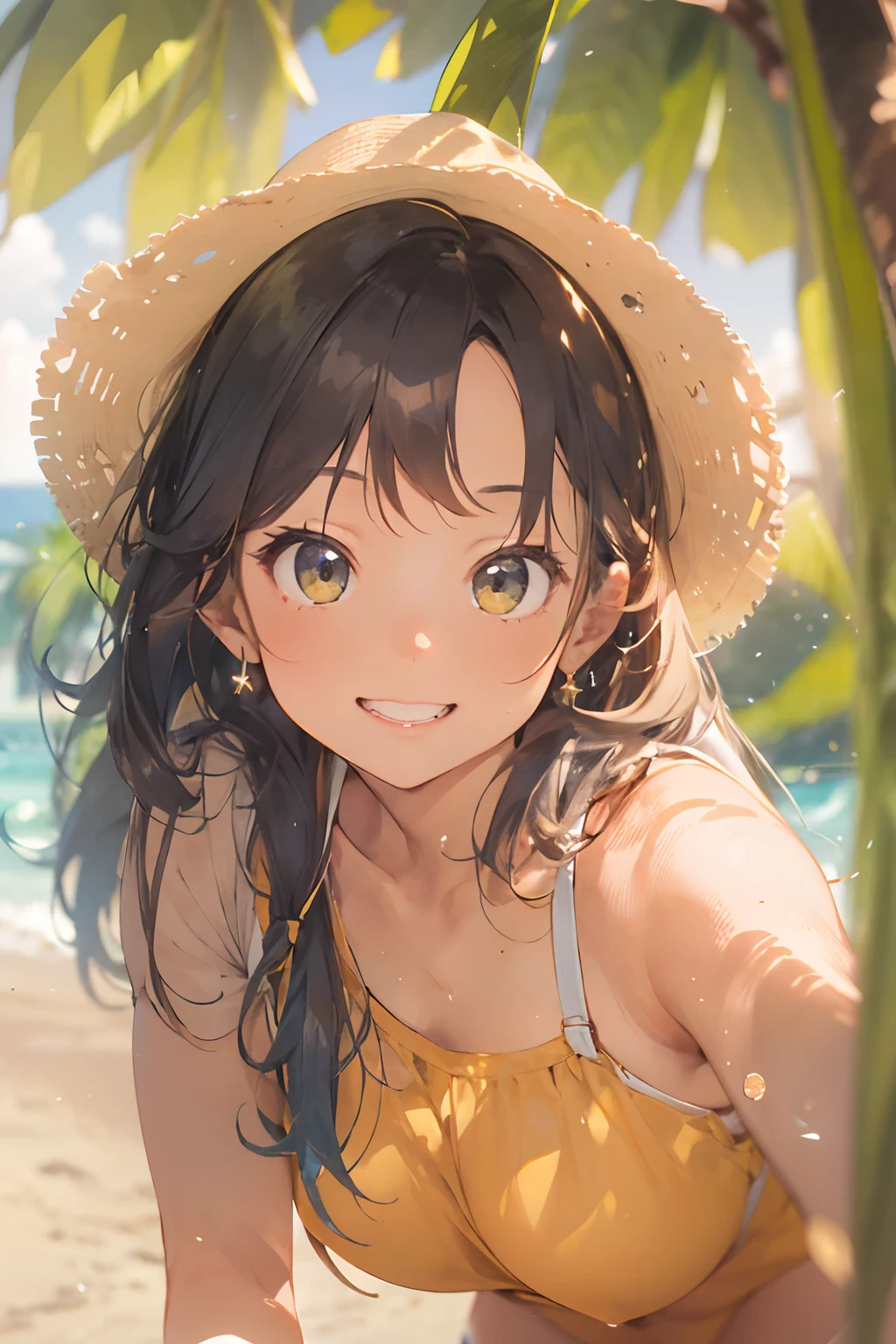 High resolution,
One beautiful young woman,
(soft saturation: 1.3), (fair skin: 1.2),
(ultra-detailed background, detailed background), bokeh,
Portrait of smiling girl breaking. When viewed from the front, the composition is symmetrical.
Look straight at you with serious eyes and break
yellow swimsuit, yellow bikini, middle breast,
outdoor, sea surface, sky, sunshine, summer beach, sand,
strong light, front light,
(Teenager: 1.3), (Cowboy Shot: 1.2), Break
angle from the front,
Look at the viewer,
Dynamic Pose,
Sitting on the beach
Wakame, wakame, wakame, wakame, wakame, wakame, wakame,