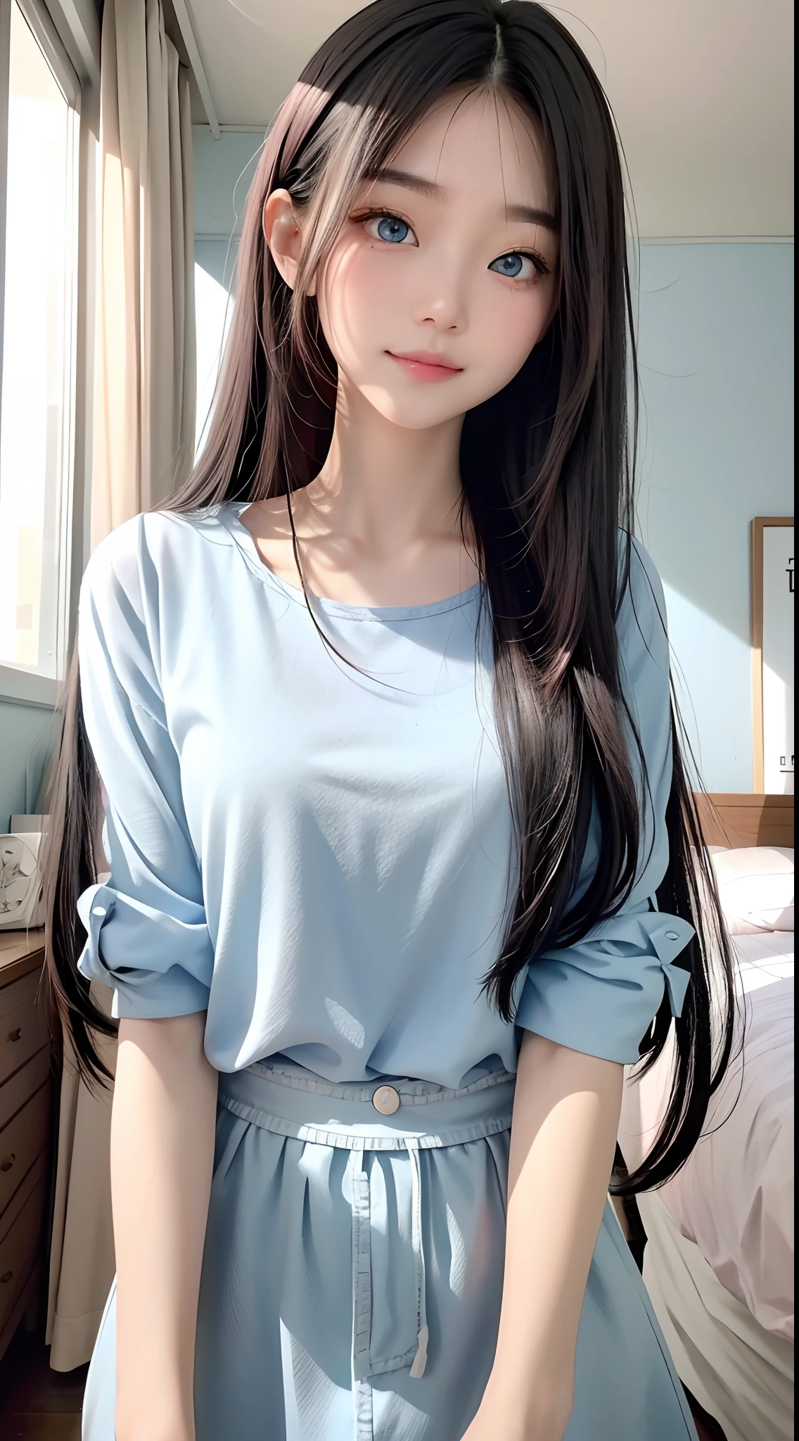 masterpiece、top-quality)、1 beutiful girl、A smile、Slim body、(Black and white plain clothes:1.1)、(Detailed beautiful eyes)、Bedroom、in a house、((Pink longhair))、a small face、tall、((Light blue eyes))、((Korean Girl))、((cool lady))