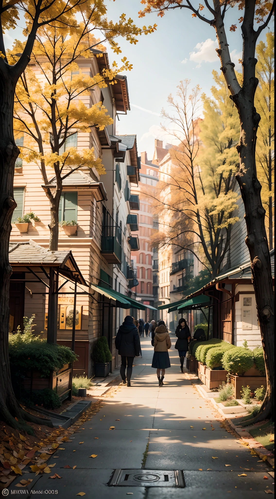 (Best quality,4K,8K,A high resolution,Masterpiece:1.2),Ultra-detailed,(Realistic,Photorealistic,photo-realistic:1.37),Autumn Street,illustration,Beautiful autumn colors,A vibrant leaf on the sidewalk and street,Cozy atmosphere,Fresh air,People strolling on the sidewalk,Warm golden sunlight pours down through the trees,Seasonal décor adds charm and warmth,The leaf-covered ground crunched under the sound of footsteps,Nostalgic architecture with intricate details,Narrow cobbled streets wind through the city,Historic building with colorful facades,Bustling café with outdoor seating,People enjoy hot drinks and chat,Fallen leaves swirl in the breeze,Soft shadows cast by trees,Picturesque town square，Has a majestic fountain,The leaves float gently in the water,Fallen leaves form a natural carpet,The artist captures the scene on canvas,The autumn fragrance of cinnamon and baked goods wafts from a nearby bakery,The endless trees are in full autumn glory,leaves rustling in the wind,Autumn Fashion，Wear it with a comfortable scarf and jacket,People stop to photograph the picturesque landscape,Children playing in piles of leaves,Autumn harvest displayed at a local market,Spontaneous street performances spread joy and laughter,Friendly smile and warm greeting,Fallen leaves dance in the sun,a peaceful and serene atmosphere,Enjoy tranquility in vivid colors,The magical atmosphere that captures the essence of autumn.