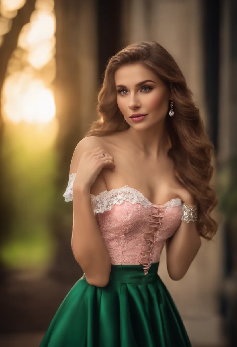 (best quality,high resolution,masterpiece:1.2),ultra-detailed,realistic, HDR, professional, vivid colors, bokeh, portraits, illustration, wavy light brown hair, detailed face, detailed lips, detailed eyes, green eyes, white lace corset, pink skirt