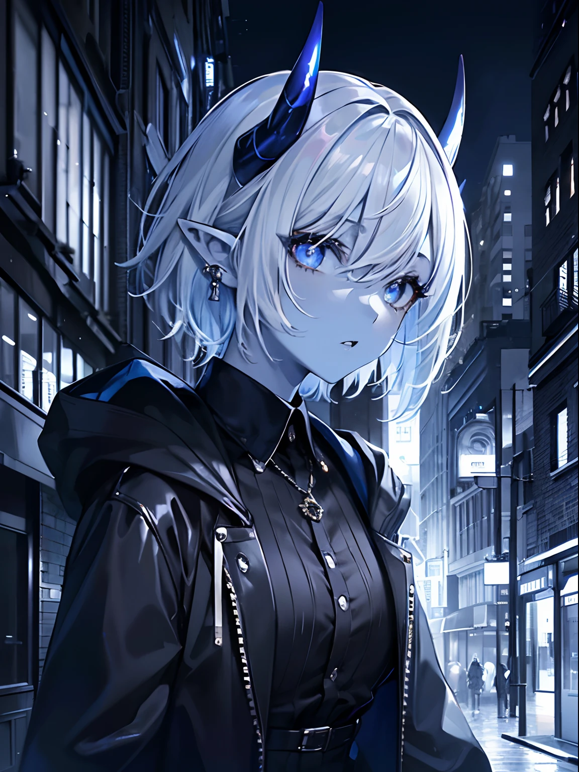 (Masterpiece, Best quality, ultra high resolution),1girl,short hair,(colored skin,ref skin),pointy ears,oni horns,beautiful and detailed face, detailed eyes,rock fashion,jacket, open jacket, black shirt,in the street,night,((grey and blue theme))