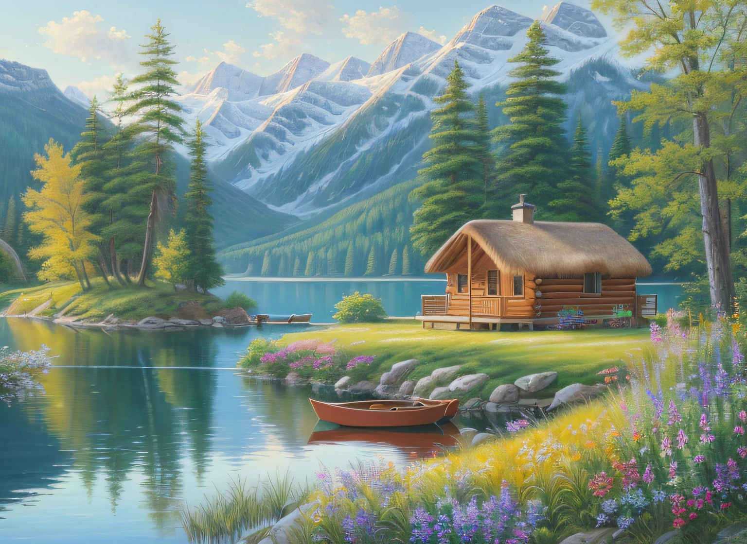 painting of a cabin by a lake with a boat and mountains in the background, scenery art detailed, detailed painting 4 k, peaceful landscape, oil painting 4k, oil painting 4 k, detailed scenery —width 672, peaceful scene, 8 k hd detailed oil painting, beautiful art uhd 4 k, serene scene, by senior artist, detailed 4 k oil painting
