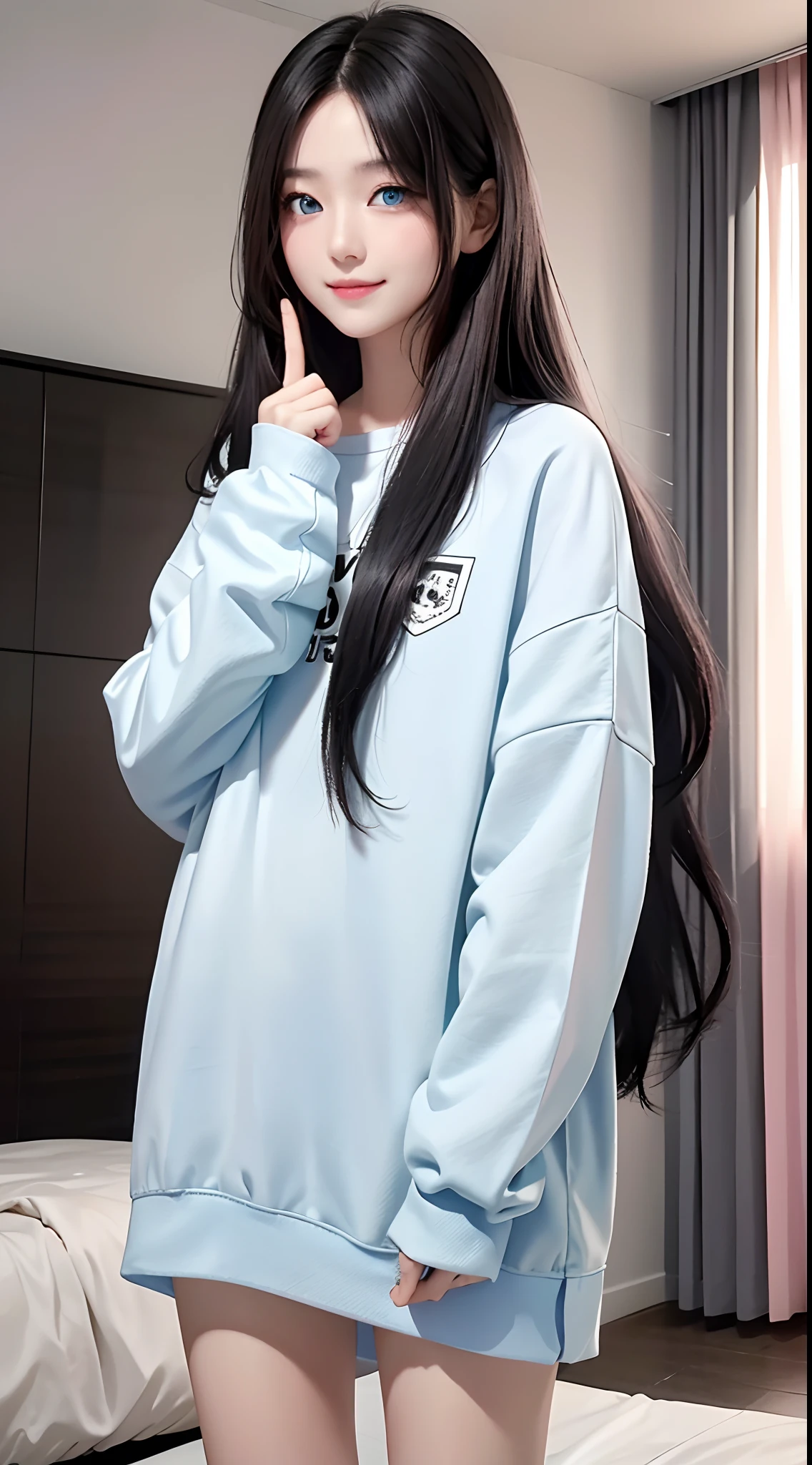 masterpiece、top-quality)、1 beutiful girl、A smile、Slim body、(Black and white plain clothes:1.1)、(Detailed beautiful eyes)、Bedroom、in a house、((Pink longhair))、a small face、tall、((Light blue eyes))、((Korean Girl))、((cool lady))
