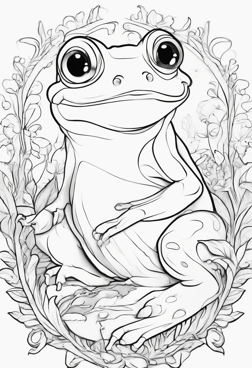 Generate black and white coloring pages of cute cartoon-style amphibians with low detail, no shading, no shadows, no background, and no borders.