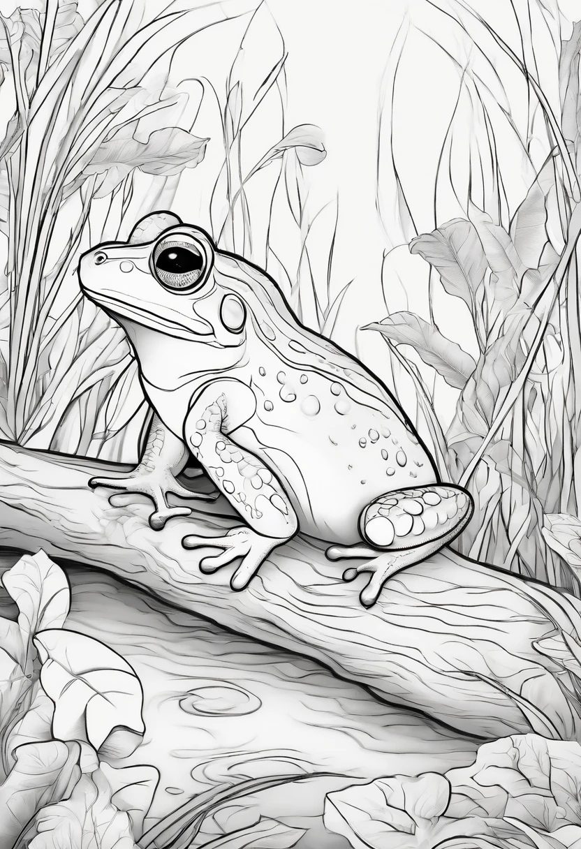 Generate black and white coloring pages of cute cartoon-style amphibians with low detail, no shading, no shadows, no background, and no borders.
