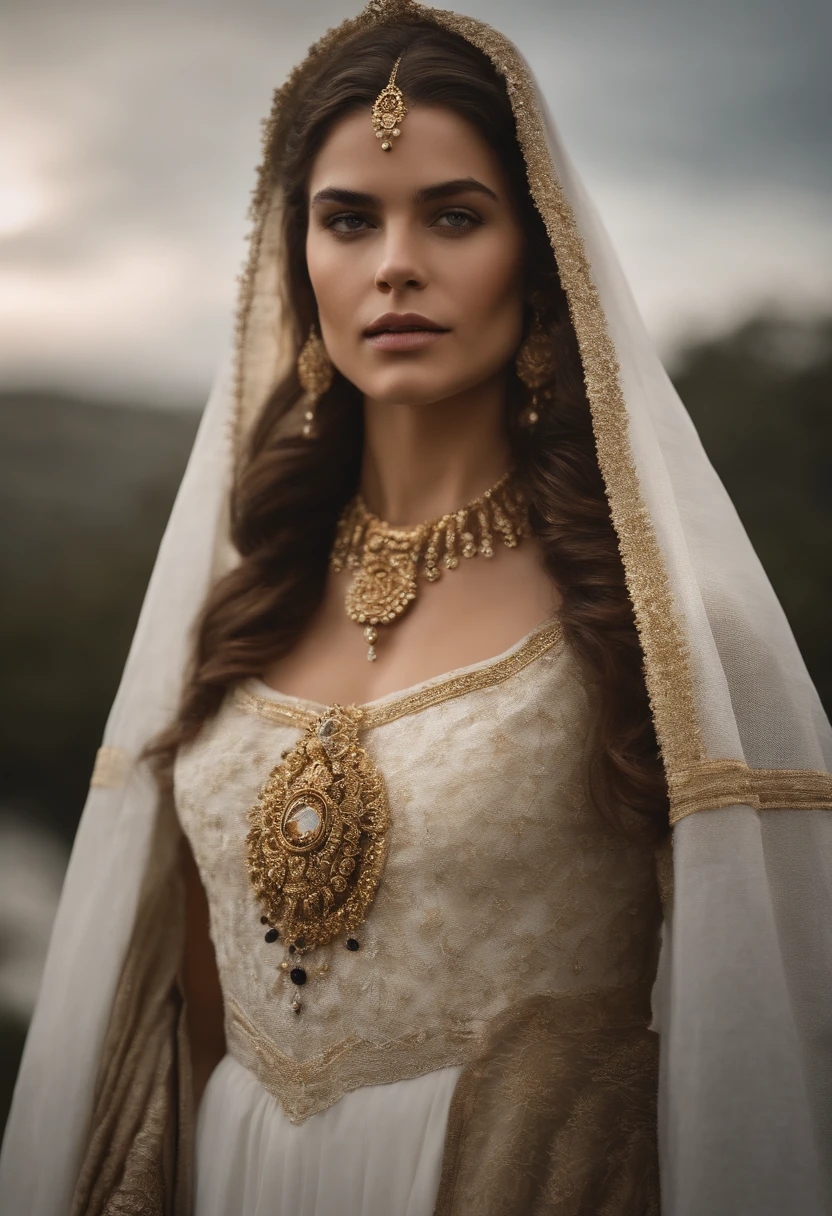 A closeup of a woman wearing a white veil and a gold necklace, majestosa mulher de santo, unreal engine render + uma deusa, Virgem Maria, Karol Bak de Emma Watson Freira, cinematic goddess close shot, Mulher judia bonita, retrato muito bonito, deusa bonita, Um retrato impressionante de uma deusa, donzela bonita, uma mulher bonita no branco, retrato close-up da deusa