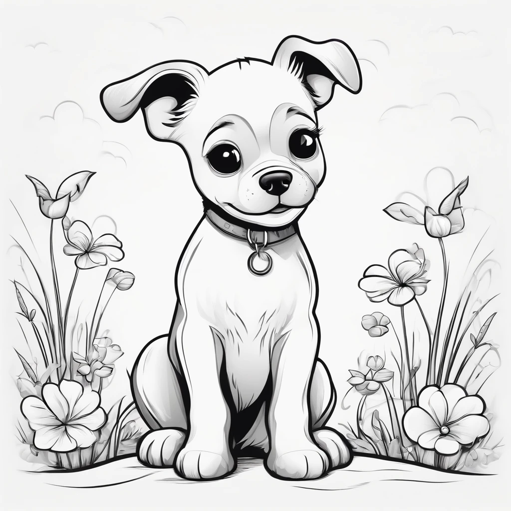 cute dog, cartoon style, plano de fundo do desenho de linha, fundo branco, monocromatic, desenho de linha, ((esquete)), para colorir infantil