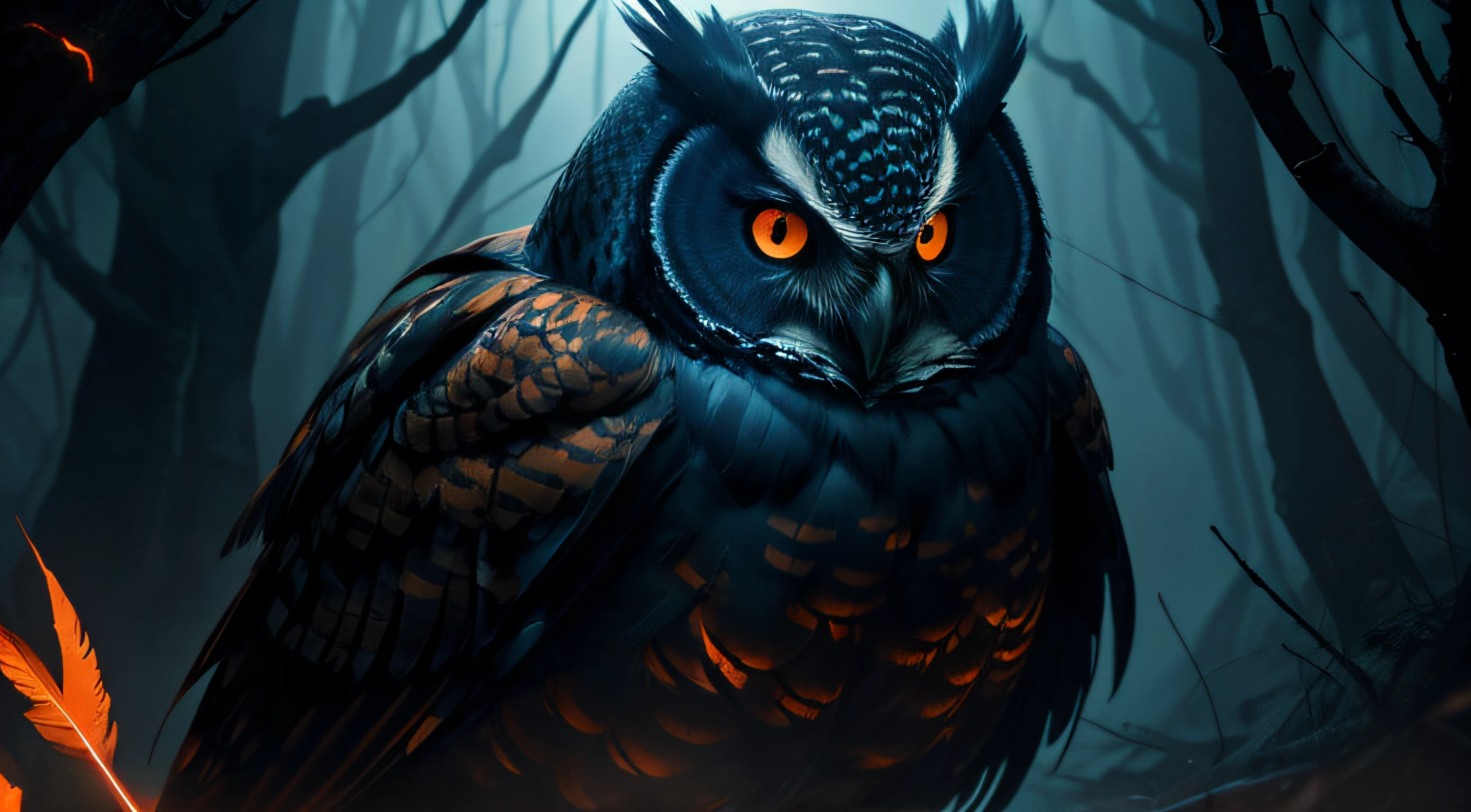 (best quality, highres, vivid colors:1.2), realistic lighting, dark fantasy style, glowing orange eyes, shadowed figure, detailed feathers, mysterious atmosphere, hidden owl, surreal elements