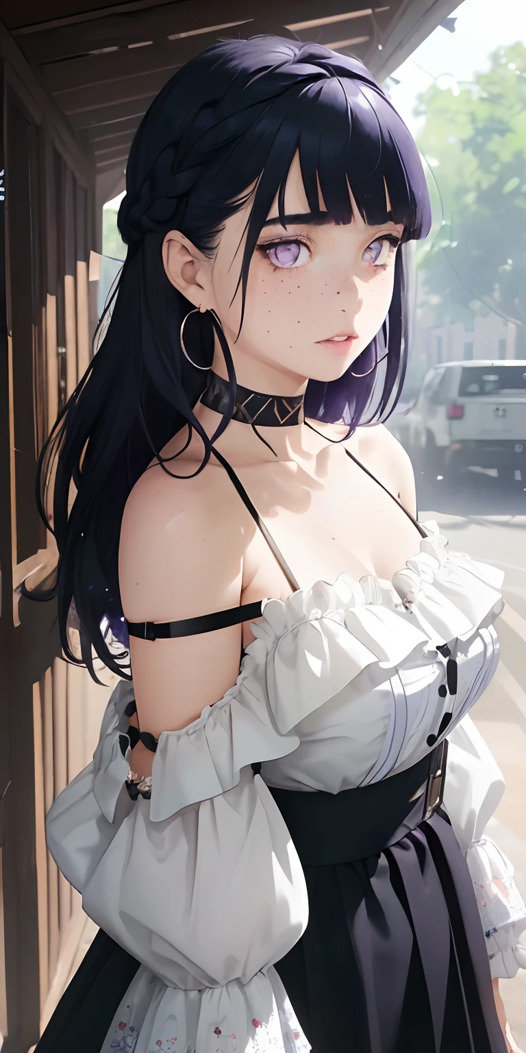 (masterpiece, best quality), 1girl, intricate details, print, earrings, freckles, upper body, bokeh, dappled sunlight,Blunt Bangs, purple eyes, long dark blue hair , off shoulder, high-waist skirt, choker, looking at viewer, french braid, clothing cutout, glitter, particles, strap slip,