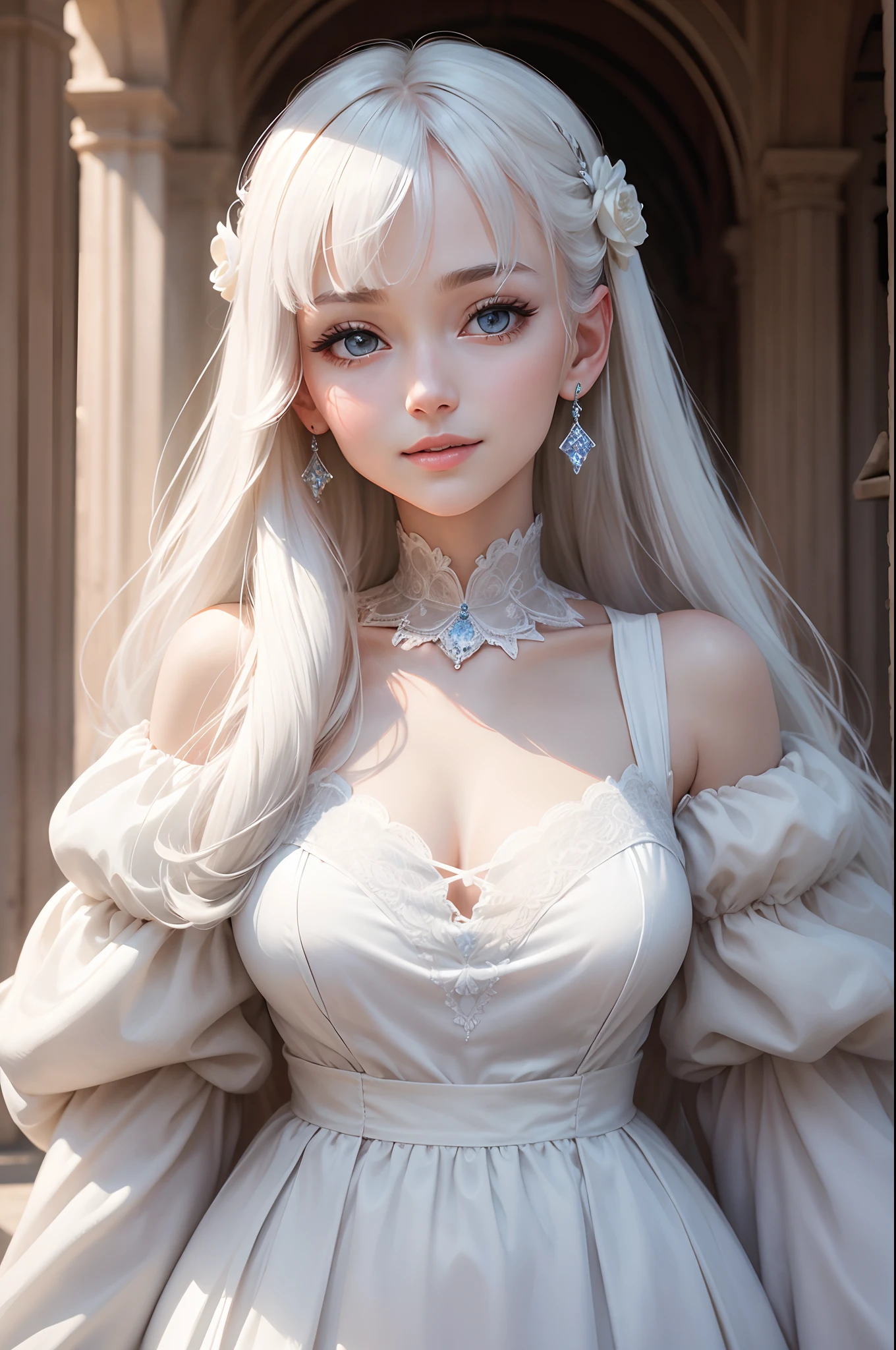 Elegant long dress、realisitic、Photo Quality、4K、8K、adult lady、Adults、white hair、Longhaire、Parthenon、Eyes are clear、Blue eyes、adult-like Large white windows、Gentle smile、Smile quietly、adult lady、elegent、Small earrings on glass、photogenic、top-quality、high-level image quality、masterpiece、Professional Writing、greeneye、独奏、White Dress、Bangs beauty、Beautiful expression detailed and realistic portrait)、(Shot outside with round eyes and long flapping hair)、Staring at the camera Dramatic lighting、Photographic realism、ultra-detailliert、 Intimate portrait composition、(Center image composition)、top grade、Gentle smile、refinement、nobles、adult lady