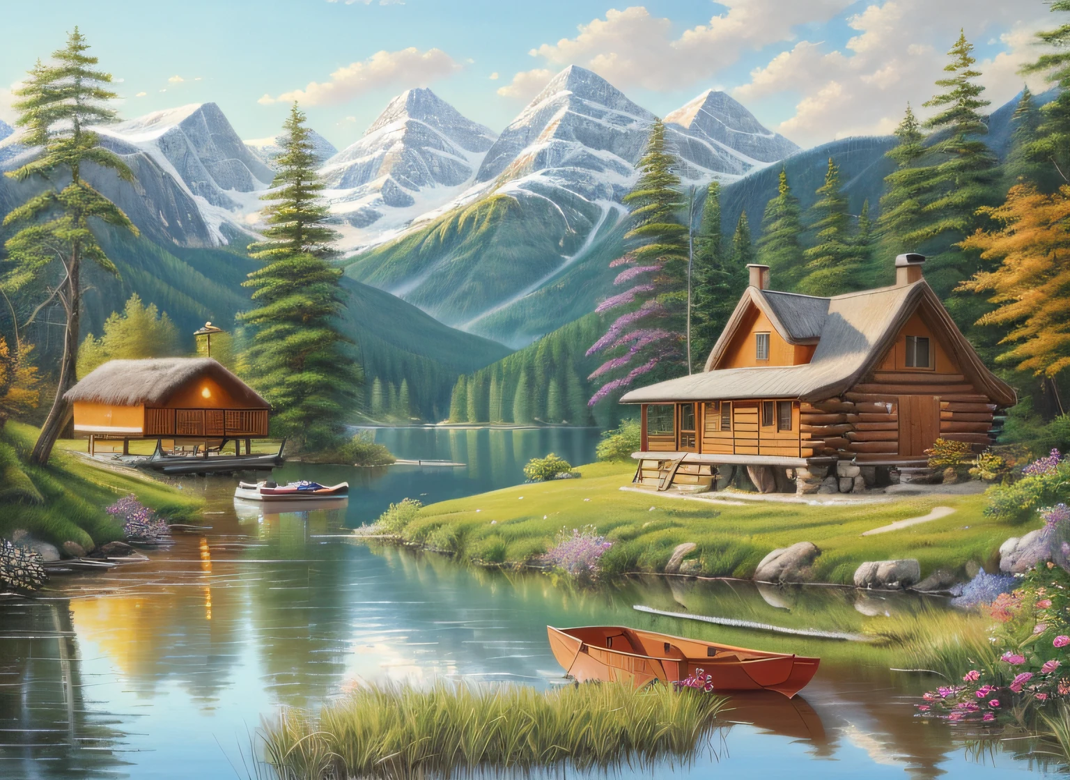 painting of a cabin by a lake with a boat and mountains in the background, scenery art detailed, detailed painting 4 k, peaceful landscape, oil painting 4k, oil painting 4 k, detailed scenery —width 672, peaceful scene, 8 k hd detailed oil painting, beautiful art uhd 4 k, serene scene, by senior artist, detailed 4 k oil painting