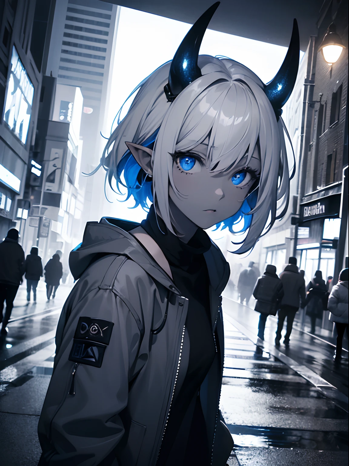 (Masterpiece, Best quality, ultra high resolution),1girl,short hair,(colored skin,ref skin),pointy ears,oni horns,beautiful and detailed face, detailed eyes,rock fashion,jacket, open jacket, black shirt,in the street,night,((grey and blue theme))