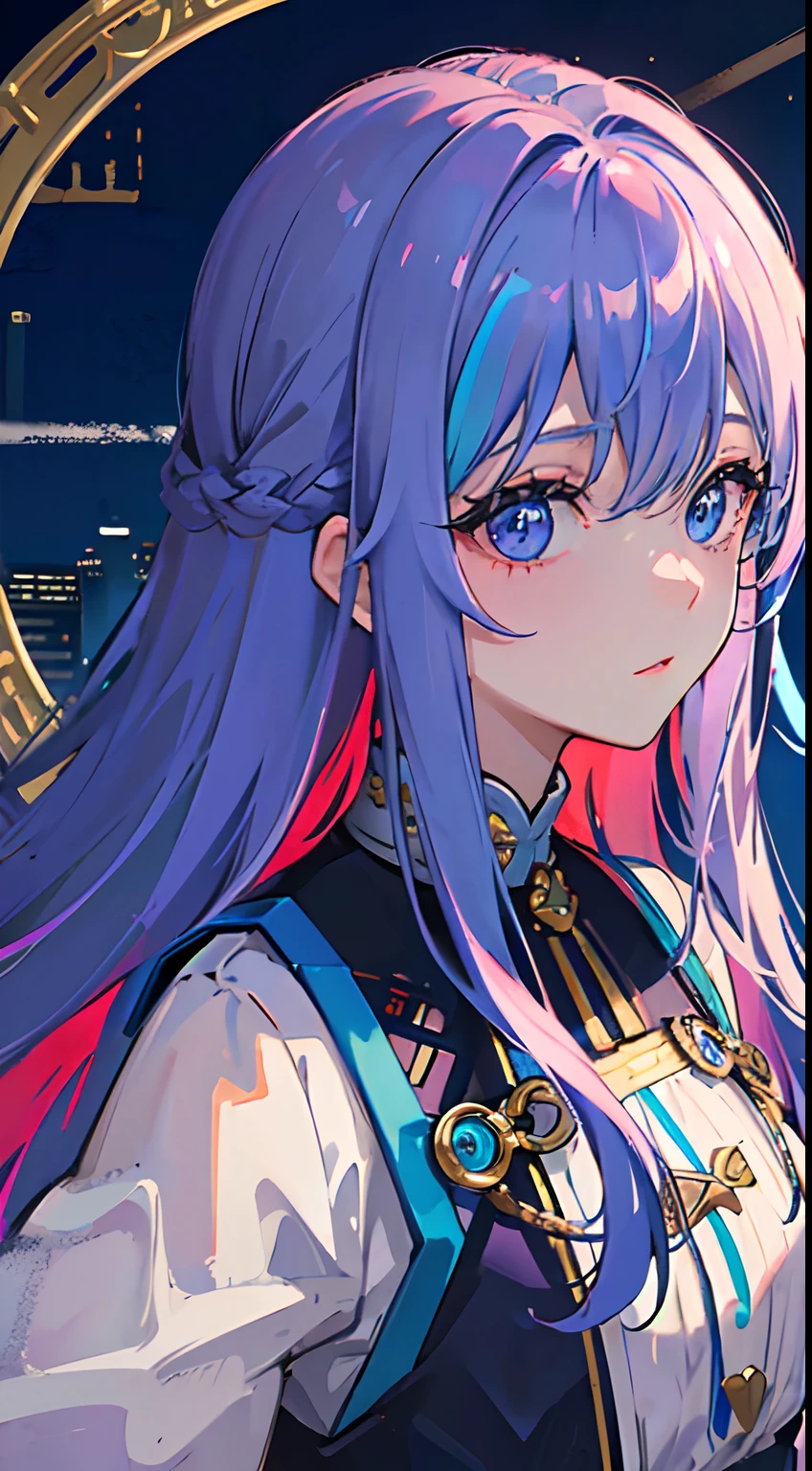 blue eyess、Light purple hair、Medium Hair、独奏、((top-quality、masterpiece))、(独奏)、waved hair、multicolored hair、Face up